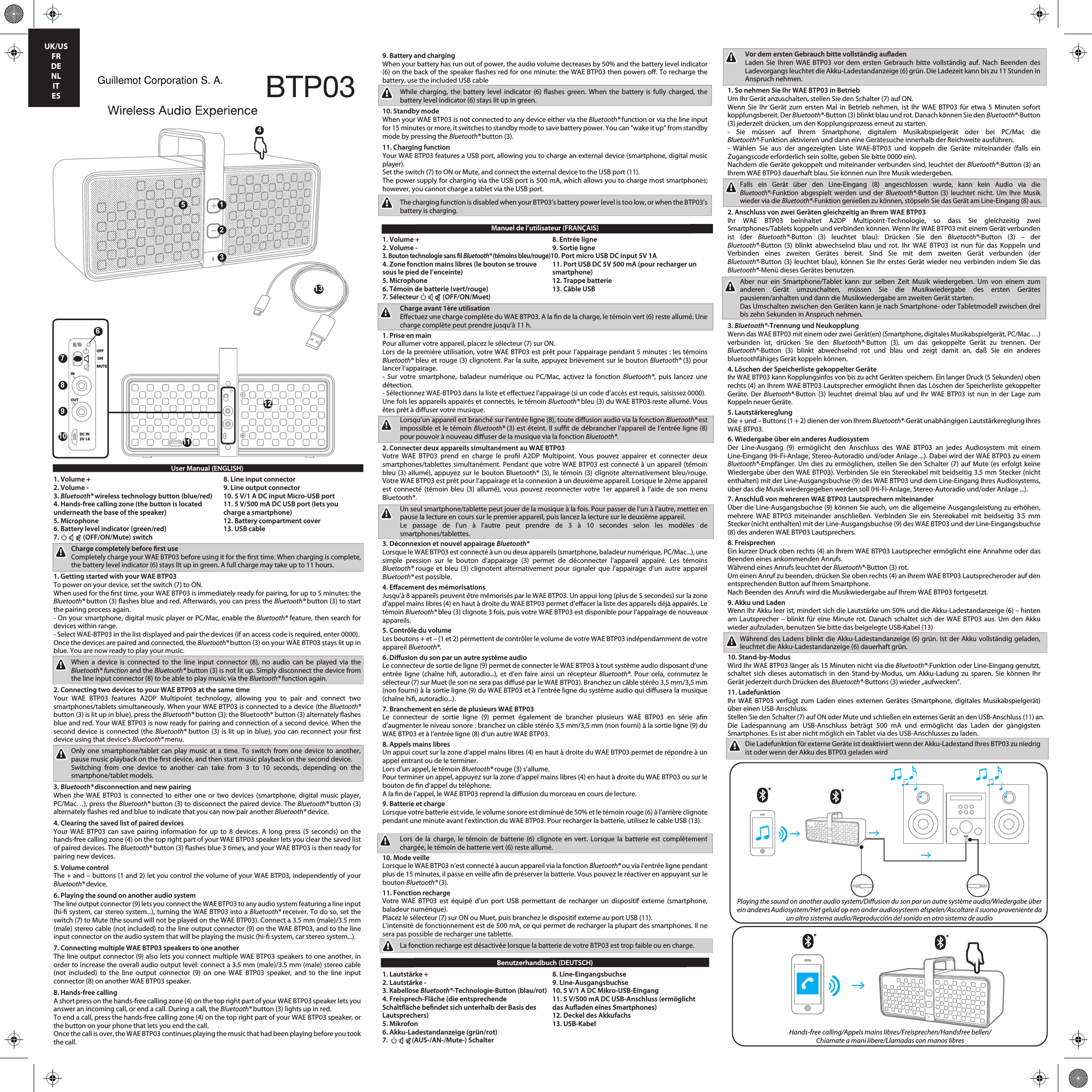 User Manual (ENGLISH)1. Volume +        8. Line input connector2. Volume -        9. Line output connector3. Bluetooth® wireless technology button (blue/red)  10. 5 V/1 A DC input Micro-USB port4. Hands-free calling zone (the button is located  11. 5 V/500 mA DC USB port (lets you underneath the base of the speaker)    charge a smartphone)5. Microphone        12. Battery compartment cover6. Battery level indicator (green/red)    13. USB cable7.                (OFF/ON/Mute) switch   Charge completely before rst useCompletely charge your WAE BTP03 before using it for the rst time. When charging is complete, the battery level indicator (6) stays lit up in green. A full charge may take up to 11 hours.1. Getting started with your WAE BTP03To power on your device, set the switch (7) to ON.When used for the rst time, your WAE BTP03 is immediately ready for pairing, for up to 5 minutes: the Bluetooth® button (3) ashes blue and red. Afterwards, you can press the Bluetooth® button (3) to start the pairing process again.- On your smartphone, digital music player or PC/Mac, enable the Bluetooth® feature, then search for devices within range.- Select WAE-BTP03 in the list displayed and pair the devices (if an access code is required, enter 0000).Once the devices are paired and connected, the Bluetooth® button (3) on your WAE BTP03 stays lit up in blue. You are now ready to play your music.When a device is connected to the line input connector (8), no audio can be played via the Bluetooth® function and the Bluetooth® button (3) is not lit up. Simply disconnect the device from the line input connector (8) to be able to play music via the Bluetooth® function again.2. Connecting two devices to your WAE BTP03 at the same timeYour WAE BTP03 features A2DP Multipoint technology, allowing you to pair and connect two smartphones/tablets simultaneously. When your WAE BTP03 is connected to a device (the Bluetooth® button (3) is lit up in blue), press the Bluetooth® button (3): the Bluetooth® button (3) alternately ashes blue and red. Your WAE BTP03 is now ready for pairing and connection of a second device. When the second device is connected (the Bluetooth® button (3) is lit up in blue), you can reconnect your rst device using that device’s Bluetooth® menu.Only one smartphone/tablet can play music at a time. To switch from one device to another, pause music playback on the rst device, and then start music playback on the second device.Switching from one device to another can take from 3 to 10 seconds, depending on the smartphone/tablet models.3. Bluetooth® disconnection and new pairingWhen the WAE BTP03 is connected to either one or two devices (smartphone, digital music player, PC/Mac…), press the Bluetooth® button (3) to disconnect the paired device. The Bluetooth® button (3) alternately ashes red and blue to indicate that you can now pair another Bluetooth® device.4. Clearing the saved list of paired devicesYour WAE BTP03 can save pairing information for up to 8 devices. A long press (5 seconds) on the hands-free calling zone (4) on the top right part of your WAE BTP03 speaker lets you clear the saved list of paired devices. The Bluetooth® button (3) ashes blue 3 times, and your WAE BTP03 is then ready for pairing new devices.5. Volume controlThe + and – buttons (1 and 2) let you control the volume of your WAE BTP03, independently of your Bluetooth® device.6. Playing the sound on another audio systemThe line output connector (9) lets you connect the WAE BTP03 to any audio system featuring a line input (hi- system, car stereo system...), turning the WAE BTP03 into a Bluetooth® receiver. To do so, set the switch (7) to Mute (the sound will not be played on the WAE BTP03). Connect a 3.5 mm (male)/3.5 mm (male) stereo cable (not included) to the line output connector (9) on the WAE BTP03, and to the line input connector on the audio system that will be playing the music (hi- system, car stereo system...).7. Connecting multiple WAE BTP03 speakers to one anotherThe line output connector (9) also lets you connect multiple WAE BTP03 speakers to one another, in order to increase the overall audio output level: connect a 3.5 mm (male)/3.5 mm (male) stereo cable (not included) to the line output connector (9) on one WAE BTP03 speaker, and to the line input connector (8) on another WAE BTP03 speaker.8. Hands-free callingA short press on the hands-free calling zone (4) on the top right part of your WAE BTP03 speaker lets you answer an incoming call, or end a call. During a call, the Bluetooth® button (3) lights up in red.To end a call, press the hands-free calling zone (4) on the top right part of your WAE BTP03 speaker, or the button on your phone that lets you end the call.Once the call is over, the WAE BTP03 continues playing the music that had been playing before you took the call.9. Battery and chargingWhen your battery has run out of power, the audio volume decreases by 50% and the battery level indicator (6) on the back of the speaker ashes red for one minute: the WAE BTP03 then powers o. To recharge the battery, use the included USB cable While charging, the battery level indicator (6) ashes green. When the battery is fully charged, the battery level indicator (6) stays lit up in green.10. Standby modeWhen your WAE BTP03 is not connected to any device either via the Bluetooth® function or via the line input for 15 minutes or more, it switches to standby mode to save battery power. You can “wake it up” from standby mode by pressing the Bluetooth® button (3).11. Charging functionYour WAE BTP03 features a USB port, allowing you to charge an external device (smartphone, digital music player).Set the switch (7) to ON or Mute, and connect the external device to the USB port (11).The power supply for charging via the USB port is 500 mA, which allows you to charge most smartphones; however, you cannot charge a tablet via the USB port.The charging function is disabled when your BTP03’s battery power level is too low, or when the BTP03’s battery is charging.Manuel de l’utilisateur (FRANÇAIS)1. Volume +        8. Entrée ligne2. Volume -        9. Sortie ligne3. Bouton technologie sans l Bluetooth® (témoins bleu/rouge)10. Port micro USB DC input 5V 1A4. Zone fonction mains libres (le bouton se trouve  11. Port USB DC 5V 500 mA (pour recharger unsous le pied de l’enceinte)      smartphone)5. Microphone        12. Trappe batterie6. Témoin de batterie (vert/rouge)    13. Câble USB7. Sélecteur                (OFF/ON/Muet)  Charge avant 1ère utilisationEectuez une charge complète du WAE BTP03. A la n de la charge, le témoin vert (6) reste allumé. Une charge complète peut prendre jusqu’à 11 h.1. Prise en mainPour allumer votre appareil, placez le sélecteur (7) sur ON.Lors de la première utilisation, votre WAE BTP03 est prêt pour l’appairage pendant 5 minutes : les témoins Bluetooth® bleu et rouge (3) clignotent. Par la suite, appuyez brièvement sur le bouton Bluetooth® (3) pour lancer l’appairage.- Sur votre smartphone, baladeur numérique ou PC/Mac, activez la fonction Bluetooth®, puis lancez une détection.- Sélectionnez WAE-BTP03 dans la liste et eectuez l’appairage (si un code d’accès est requis, saisissez 0000).Une fois les appareils appairés et connectés, le témoin Bluetooth® bleu (3) du WAE BTP03 reste allumé. Vous êtes prêt à diuser votre musique.Lorsqu’un appareil est branché sur l’entrée ligne (8), toute diusion audio via la fonction Bluetooth® est impossible et le témoin Bluetooth® (3) est éteint. Il sut de débrancher l’appareil de l’entrée ligne (8) pour pouvoir à nouveau diuser de la musique via la fonction Bluetooth®.2. Connecter deux appareils simultanément au WAE BTP03Votre WAE BTP03 prend en charge le prol A2DP Multipoint. Vous pouvez appairer et connecter deux smartphones/tablettes simultanément. Pendant que votre WAE BTP03 est connecté à un appareil (témoin bleu (3) allumé), appuyez sur le bouton Bluetooth® (3), le témoin (3) clignote alternativement bleu/rouge. Votre WAE BTP03 est prêt pour l’appairage et la connexion à un deuxième appareil. Lorsque le 2ème appareil est connecté (témoin bleu (3) allumé), vous pouvez reconnecter votre 1er appareil à l’aide de son menu Bluetooth®.Un seul smartphone/tablette peut jouer de la musique à la fois. Pour passer de l’un à l’autre, mettez en pause la lecture en cours sur le premier appareil, puis lancez la lecture sur le deuxième appareil.Le passage de l’un à l’autre peut prendre de 3 à 10 secondes selon les modèles de smartphones/tablettes.3. Déconnexion et nouvel appairage Bluetooth®Lorsque le WAE BTP03 est connecté à un ou deux appareils (smartphone, baladeur numérique, PC/Mac...), une simple pression sur le bouton d’appairage (3) permet de déconnecter l’appareil appairé. Les témoins Bluetooth® rouge et bleu (3) clignotent alternativement pour signaler que l’appairage d’un autre appareil Bluetooth® est possible.4. Eacement des mémorisationsJusqu’à 8 appareils peuvent être mémorisés par le WAE BTP03. Un appui long (plus de 5 secondes) sur la zone d’appel mains libres (4) en haut à droite du WAE BTP03 permet d’eacer la liste des appareils déjà appairés. Le témoin Bluetooth® bleu (3) clignote 3 fois, puis votre WAE BTP03 est disponible pour l’appairage de nouveaux appareils.5. Contrôle du volumeLes boutons + et – (1 et 2) permettent de contrôler le volume de votre WAE BTP03 indépendamment de votre appareil Bluetooth®.6. Diusion du son par un autre système audioLe connecteur de sortie de ligne (9) permet de connecter le WAE BTP03 à tout système audio disposant d’une entrée ligne (chaîne hi, autoradio...), et d’en faire ainsi un récepteur Bluetooth®. Pour cela, commutez le sélecteur (7) sur Muet (le son ne sera pas diusé par le WAE BTP03). Branchez un câble stéréo 3,5 mm/3,5 mm (non fourni) à la sortie ligne (9) du WAE BTP03 et à l’entrée ligne du système audio qui diusera la musique (chaîne hi, autoradio...).7. Branchement en série de plusieurs WAE BTP03Le connecteur de sortie ligne (9) permet également de brancher plusieurs WAE BTP03 en série an d’augmenter le niveau sonore : branchez un câble stéréo 3,5 mm/3,5 mm (non fourni) à la sortie ligne (9) du WAE BTP03 et à l’entrée ligne (8) d’un autre WAE BTP03.8. Appels mains libresUn appui court sur la zone d’appel mains libres (4) en haut à droite du WAE BTP03 permet de répondre à un appel entrant ou de le terminer.Lors d’un appel, le témoin Bluetooth® rouge (3) s’allume.Pour terminer un appel, appuyez sur la zone d’appel mains libres (4) en haut à droite du WAE BTP03 ou sur le bouton de n d’appel du téléphone.A la n de l’appel, le WAE BTP03 reprend la diusion du morceau en cours de lecture.9. Batterie et chargeLorsque votre batterie est vide, le volume sonore est diminué de 50% et le témoin rouge (6) à l’arrière clignote pendant une minute avant l’extinction du WAE BTP03. Pour recharger la batterie, utilisez le cable USB (13).Lors de la charge, le témoin de batterie (6) clignote en vert. Lorsque la batterie est complètement chargée, le témoin de batterie vert (6) reste allumé.10. Mode veilleLorsque le WAE BTP03 n’est connecté à aucun appareil via la fonction Bluetooth® ou via l’entrée ligne pendant plus de 15 minutes, il passe en veille an de préserver la batterie. Vous pouvez le réactiver en appuyant sur le bouton Bluetooth® (3).11. Fonction rechargeVotre WAE BTP03 est équipé d’un port USB permettant de recharger un dispositif externe (smartphone, baladeur numérique).Placez le sélecteur (7) sur ON ou Muet, puis branchez le dispositif externe au port USB (11).L’intensité de fonctionnement est de 500 mA, ce qui permet de recharger la plupart des smartphones. Il ne sera pas possible de recharger une tablette.La fonction recharge est désactivée lorsque la batterie de votre BTP03 est trop faible ou en charge.Benutzerhandbuch (DEUTSCH)1. Lautstärke +        8. Line-Eingangsbuchse2. Lautstärke -        9. Line-Ausgangsbuchse3. Kabellose Bluetooth®-Technologie-Button (blau/rot) 10. 5 V/1 A DC Mikro-USB-Eingang4. Freisprech-Fläche (die entsprechende     11. 5 V/500 mA DC USB-Anschluss (ermöglichtSchaltäche bendet sich unterhalb der Basis des   das Auaden eines Smartphones)Lautsprechers)        12. Deckel des Akkufachs5. Mikrofon    13. USB-Kabel6. Akku-Ladestandanzeige (grün/rot)  7.                (AUS-/AN-/Mute-) Schalter     Vor dem ersten Gebrauch bitte vollständig auadenLaden Sie Ihren WAE BTP03 vor dem ersten Gebrauch bitte vollständig auf. Nach Beenden des Ladevorgangs leuchtet die Akku-Ladestandanzeige (6) grün. Die Ladezeit kann bis zu 11 Stunden in Anspruch nehmen.1. So nehmen Sie Ihr WAE BTP03 in BetriebUm Ihr Gerät anzuschalten, stellen Sie den Schalter (7) auf ON.Wenn Sie Ihr Gerät zum ersten Mal in Betrieb nehmen, ist Ihr WAE BTP03 für etwa 5 Minuten sofort kopplungsbereit. Der Bluetooth®-Button (3) blinkt blau und rot. Danach können Sie den Bluetooth®-Button (3) jederzeit drücken, um den Kopplungsprozess erneut zu starten.- Sie müssen auf Ihrem Smartphone, digitalem Musikabspielgerät oder bei PC/Mac die Bluetooth®-Funktion aktivieren und dann eine Gerätesuche innerhalb der Reichweite ausführen.- Wählen Sie aus der angezeigten Liste WAE-BTP03 und koppeln die Geräte miteinander (falls ein Zugangscode erforderlich sein sollte, geben Sie bitte 0000 ein).Nachdem die Geräte gekoppelt und miteinander verbunden sind, leuchtet der Bluetooth®-Button (3) an Ihrem WAE BTP03 dauerhaft blau. Sie können nun Ihre Musik wiedergeben.Falls ein Gerät über den Line-Eingang (8) angeschlossen wurde, kann kein Audio via die Bluetooth®-Funktion abgespielt werden und der Bluetooth®-Button (3) leuchtet nicht. Um Ihre Musik wieder via die Bluetooth®-Funktion genießen zu können, stöpseln Sie das Gerät am Line-Eingang (8) aus.2. Anschluss von zwei Geräten gleichzeitig an Ihrem WAE BTP03Ihr WAE BTP03 beinhaltet A2DP Multipoint-Technologie, so dass Sie gleichzeitig zwei Smartphones/Tablets koppeln und verbinden können. Wenn Ihr WAE BTP03 mit einem Gerät verbunden ist (der Bluetooth®-Button (3) leuchtet blau): Drücken Sie den Bluetooth®-Button (3) – der Bluetooth®-Button (3) blinkt abwechselnd blau und rot. Ihr WAE BTP03 ist nun für das Koppeln und Verbinden eines zweiten Gerätes bereit. Sind Sie mit dem zweiten Gerät verbunden (der Bluetooth®-Button (3) leuchtet blau), können Sie Ihr erstes Gerät wieder neu verbinden indem Sie das Bluetooth®-Menü dieses Gerätes benutzen.Aber nur ein Smartphone/Tablet kann zur selben Zeit Musik wiedergeben. Um von einem zum anderen Gerät umzuschalten, müssen Sie die Musikwiedergabe des ersten Gerätes pausieren/anhalten und dann die Musikwiedergabe am zweiten Gerät starten.Das Umschalten zwischen den Geräten kann je nach Smartphone- oder Tabletmodell zwischen drei bis zehn Sekunden in Anspruch nehmen.3. Bluetooth®-Trennung und NeukopplungWenn das WAE BTP03 mit einem oder zwei Gerät(en) (Smartphone, digitales Musikabspielgerät, PC/Mac …) verbunden ist, drücken Sie den Bluetooth®-Button (3), um das gekoppelte Gerät zu trennen. Der Bluetooth®-Button (3) blinkt abwechselnd rot und blau und zeigt damit an, daß Sie ein anderes bluetoothfähiges Gerät koppeln können.4. Löschen der Speicherliste gekoppelter GeräteIhr WAE BTP03 kann Kopplungsinfos von bis zu acht Geräten speichern. Ein langer Druck (5 Sekunden) oben rechts (4) an Ihrem WAE BTP03 Lautsprecher ermöglicht Ihnen das Löschen der Speicherliste gekoppelter Geräte. Der Bluetooth®-Button (3) leuchtet dreimal blau auf und Ihr WAE BTP03 ist nun in der Lage zum Koppeln neuer Geräte.5. LautstärkereglungDie + und – Buttons (1 + 2) dienen der von Ihrem Bluetooth®-Gerät unabhängigen Lautstärkereglung Ihres WAE BTP03.6. Wiedergabe über ein anderes AudiosystemDer Line-Ausgang (9) ermöglicht den Anschluss des WAE BTP03 an jedes Audiosystem mit einem Line-Eingang (Hi-Fi-Anlage, Stereo-Autoradio und/oder Anlage ...). Dabei wird der WAE BTP03 zu einem Bluetooth®-Empfänger. Um dies zu ermöglichen, stellen Sie den Schalter (7) auf Mute (es erfolgt keine Wiedergabe über den WAE BTP03). Verbinden Sie ein Stereokabel mit beidseitig 3.5 mm Stecker (nicht enthalten) mit der Line-Ausgangsbuchse (9) des WAE BTP03 und dem Line-Eingang Ihres Audiosystems, über das die Musik wiedergegeben werden soll (Hi-Fi-Anlage, Stereo-Autoradio und/oder Anlage ...).7. Anschluß von mehreren WAE BTP03 Lautsprechern miteinanderÜber die Line-Ausgangsbuchse (9) können Sie auch, um die allgemeine Ausgangsleistung zu erhöhen, mehrere WAE BTP03 miteinander anschließen. Verbinden Sie ein Stereokabel mit beidseitig 3.5 mm Stecker (nicht enthalten) mit der Line-Ausgangsbuchse (9) des WAE BTP03 und der Line-Eingangsbuchse (8) des anderen WAE BTP03 Lautsprechers.8. FreisprechenEin kurzer Druck oben rechts (4) an Ihrem WAE BTP03 Lautsprecher ermöglicht eine Annahme oder das Beenden eines ankommenden Anrufs.Während eines Anrufs leuchtet der Bluetooth®-Button (3) rot.Um einen Anruf zu beenden, drücken Sie oben rechts (4) an Ihrem WAE BTP03 Lautsprecheroder auf den entsprechenden Button auf Ihrem Smartphone.Nach Beenden des Anrufs wird die Musikwiedergabe auf Ihrem WAE BTP03 fortgesetzt.9. Akku und LadenWenn Ihr Akku leer ist, mindert sich die Lautstärke um 50% und die Akku-Ladestandanzeige (6) – hinten am Lautsprecher – blinkt für eine Minute rot. Danach schaltet sich der WAE BTP03 aus. Um den Akku wieder aufzuladen, benutzen Sie bitte das beigelegte USB-Kabel (13) Während des Ladens blinkt die Akku-Ladestandanzeige (6) grün. Ist der Akku vollständig geladen, leuchtet die Akku-Ladestandanzeige (6) dauerhaft grün.10. Stand-by-ModusWird Ihr WAE BTP03 länger als 15 Minuten nicht via die Bluetooth®-Funktion oder Line-Eingang genutzt, schaltet sich dieses automatisch in den Stand-by-Modus, um Akku-Ladung zu sparen. Sie können Ihr Gerät jederzeit durch Drücken des Bluetooth®-Buttons (3) wieder „aufwecken“.11. LadefunktionIhr WAE BTP03 verfügt zum Laden eines externen Gerätes (Smartphone, digitales Musikabspielgerät) über einen USB-Anschluss.Stellen Sie den Schalter (7) auf ON oder Mute und schließen ein externes Gerät an den USB-Anschluss (11) an.Die Ladespannung am USB-Anschluss beträgt 500 mA und ermöglicht das Laden der gängigsten Smartphones. Es ist aber nicht möglich ein Tablet via des USB-Anschlusses zu laden.Die Ladefunktion für externe Geräte ist deaktiviert wenn der Akku-Ladestand Ihres BTP03 zu niedrig ist oder wenn der Akku des BTP03 geladen wirdUK/USFRDENLITES1542313Playing the sound on another audio system/Diusion du son par un autre système audio/Wiedergabe über ein anderes Audiosystem/Het geluid op een ander audiosysteem afspelen/Ascoltare il suono proveniente da un altro sistema audio/Reproducción del sonido en otro sistema de audioHands-free calling/Appels mains libres/Freisprechen/Handsfree bellen/Chiamate a mani libere/Llamadas con manos libresaux61112INOUTDC IN5V 1A71089OFFONMUTEGuillemot Corporation S. A.                                                                                           