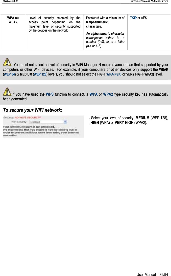 HWNAP-300                                                                                                                                                               Hercules Wireless N Access Point WPA ou WPA2 Level of security selected by the access point depending on the maximum level of security supported by the devices on the network. Password with a minimum of 8 alphanumeric characters.An alphanumeric charactercorresponds either to a number (0-9), or to a letter (a-z or A-Z). TKIP or AES   You must not select a level of security in WiFi Manager N more advanced than that supported by your computers or other WiFi devices.  For example, if your computers or other devices only support the WEAK (WEP 64) or MEDIUM (WEP 128)levels, you should not select the HIGH (WPA-PSK) or VERY HIGH (WPA2) level.   If you have used the WPS function to connect, a WPA or WPA2 type security key has automatically been generated. To secure your WiFi network: - Select your level of security: MEDIUM (WEP 128), HIGH (WPA) or VERY HIGH (WPA2).  User Manual – 39/94 