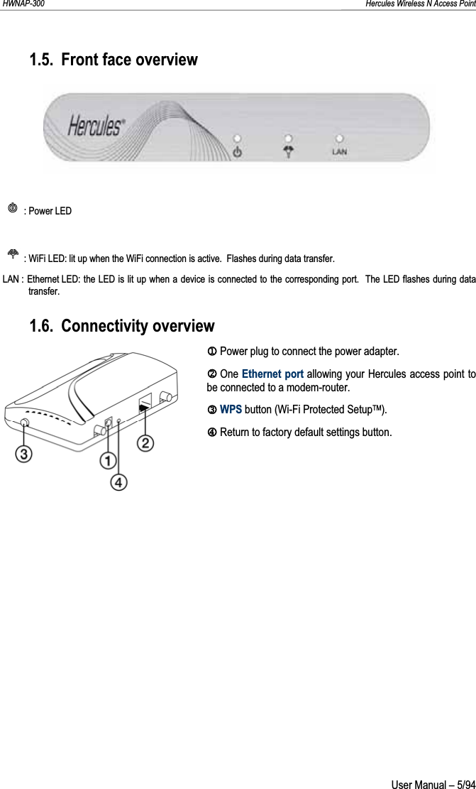 HWNAP-300                                                                                                                                                               Hercules Wireless N Access Point 1.5. Front face overview  : Power LED  : WiFi LED: lit up when the WiFi connection is active.  Flashes during data transfer. LAN : Ethernet LED: the LED is lit up when a device is connected to the corresponding port.  The LED flashes during data transfer. 1.6. Connectivity overview M Power plug to connect the power adapter. N One Ethernet port allowing your Hercules access point to be connected to a modem-router. OWPS button (Wi-Fi Protected SetupTM).P Return to factory default settings button.  User Manual – 5/94 