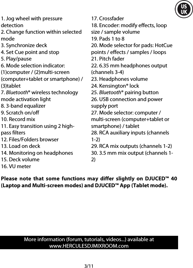  3/11 1. Jog wheel with pressure detection 2. Change function within selected mode 3. Synchronize deck 4. Set Cue point and stop 5. Play/pause 6. Mode selection indicator: (1)computer / (2)multi-screen (computer+tablet or smartphone) / (3)tablet 7. Bluetooth® wireless technology mode activation light 8. 3-band equalizer 9. Scratch on/off 10. Record mix 11. Easy transition using 2 high-pass filters 12. Files/Folders browser 13. Load on deck 14. Monitoring on headphones 15. Deck volume 16. VU meter 17. Crossfader 18. Encoder: modify effects, loop size / sample volume 19. Pads 1 to 8 20. Mode selector for pads: HotCue points / effects / samples / loops 21. Pitch fader 22. 6.35 mm headphones output (channels 3-4) 23. Headphones volume 24. Kensington® lock 25. Bluetooth® pairing button 26. USB connection and power supply port 27. Mode selector: computer / multi-screen (computer+tablet or smartphone) / tablet 28. RCA auxiliary inputs (channels 1-2) 29. RCA mix outputs (channels 1-2) 30. 3.5 mm mix output (channels 1-2)  Please note that some functions may differ slightly on DJUCED™ 40 (Laptop and Multi-screen modes) and DJUCED™ App (Tablet mode).        More information (forum, tutorials, videos...) available at www.HERCULESDJMIXROOM.com 