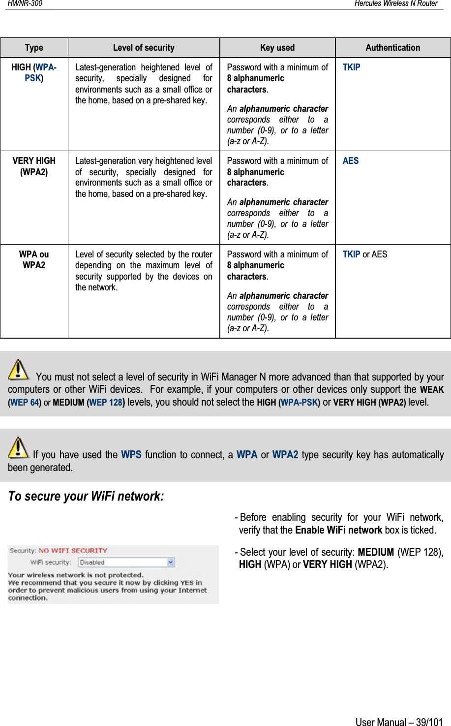 HWNR-300 Hercules Wireless N RouterUser Manual – 39/101Type Level of security Key usedAuthenticationHIGH (WPA-PSK)Latest-generation heightened level of security, specially designed for environments such as a small office or the home, based on a pre-shared key.Password with a minimum of 8alphanumeric characters.An alphanumeric charactercorresponds either to a number (0-9), or to a letter (a-z or A-Z).TKIPVERY HIGH(WPA2)Latest-generation very heightened level of security, specially designed for environments such as a small office or the home, based on a pre-shared key.Password with a minimum of 8alphanumeric characters.An alphanumeric charactercorresponds either to a number (0-9), or to a letter (a-z or A-Z).AESWPA ou WPA2Level of security selected by the router depending on the maximum level of security supported by the devices on the network.Password with a minimum of 8alphanumeric characters.An alphanumeric charactercorresponds either to a number (0-9), or to a letter (a-z or A-Z).TKIP or AESYou must not select a level of security in WiFi Manager N more advanced than that supported by your computers or other WiFi devices.  For example, if your computers or other devices only support the WEAK (WEP 64)or MEDIUM (WEP 128) levels, you should not select the HIGH (WPA-PSK)or VERY HIGH (WPA2) level.If you have used the WPS function to connect, a WPA or WPA2 type security key has automatically been generated.To secure your WiFi network:- Before enabling security for your WiFi network, verify that the Enable WiFi network box is ticked.- Select your level of security: MEDIUM (WEP 128),HIGH (WPA) or VERY HIGH (WPA2).