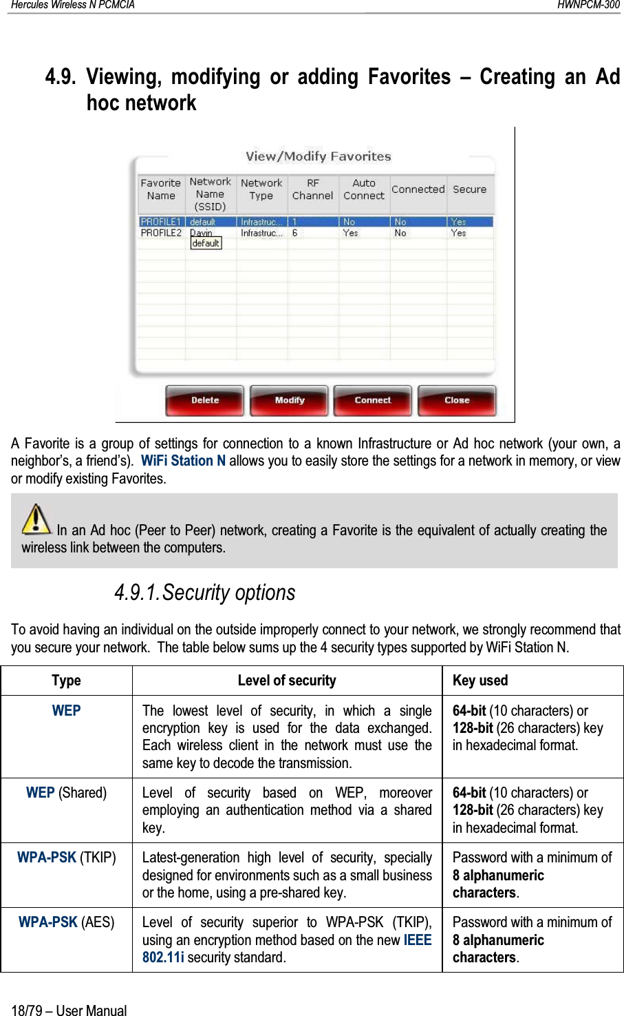 Hercules Wireless N PCMCIA         HWNPCM-30018/79 – User Manual4.9. Viewing, modifying or adding Favorites – Creating an Ad hoc networkA Favorite is a group of settings for connection to a known Infrastructure or Ad hoc network (your own, a neighbor’s, a friend’s).  WiFi Station N allows you to easily store the settings for a network in memory, or view or modify existing Favorites.In an Ad hoc (Peer to Peer) network, creating a Favorite is the equivalent of actually creating the wireless link between the computers.4.9.1.Security optionsTo avoid having an individual on the outside improperly connect to your network, we strongly recommend that you secure your network.  The table below sums up the 4 security types supported by WiFi Station N.Type Level of security Key usedWEP The lowest level of security, in which a single encryption key is used for the data exchanged.  Each wireless client in the network must use the same key to decode the transmission.64-bit (10 characters) or 128-bit (26 characters) key in hexadecimal format.WEP (Shared) Level of security based on WEP, moreover employing an authentication method via a shared key.64-bit (10 characters) or 128-bit (26 characters) key in hexadecimal format.WPA-PSK (TKIP) Latest-generation high level of security, specially designed for environments such as a small business or the home, using a pre-shared key.Password with a minimum of 8 alphanumeric characters.WPA-PSK (AES) Level of security superior to WPA-PSK (TKIP), using an encryption method based on the new IEEE 802.11i security standard.Password with a minimum of 8 alphanumeric characters.