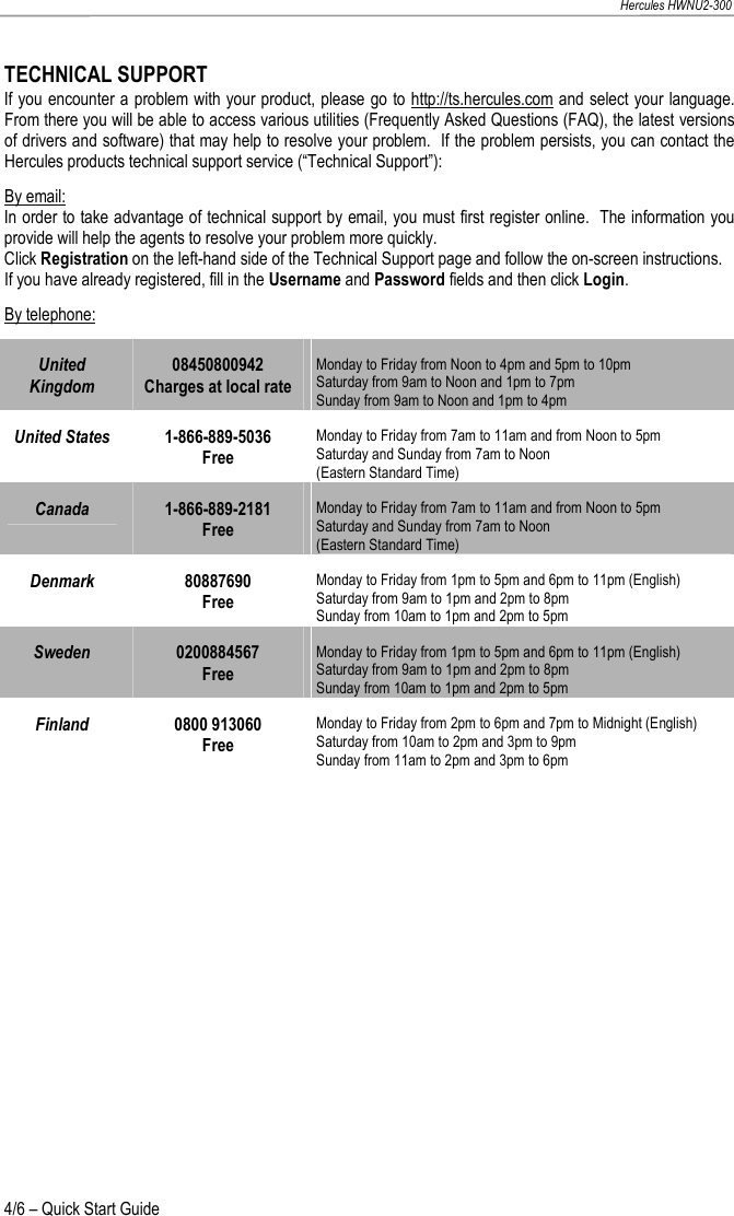  Hercules HWNU2-300 4/6 – Quick Start Guide TECHNICAL SUPPORT If you encounter a problem with your product, please go to http://ts.hercules.com and select your language.  From there you will be able to access various utilities (Frequently Asked Questions (FAQ), the latest versions of drivers and software) that may help to resolve your problem.  If the problem persists, you can contact the Hercules products technical support service (“Technical Support”): By email: In order to take advantage of technical support by email, you must first register online.  The information you provide will help the agents to resolve your problem more quickly. Click Registration on the left-hand side of the Technical Support page and follow the on-screen instructions. If you have already registered, fill in the Username and Password fields and then click Login. By telephone: United Kingdom 08450800942 Charges at local rate Monday to Friday from Noon to 4pm and 5pm to 10pm Saturday from 9am to Noon and 1pm to 7pm  Sunday from 9am to Noon and 1pm to 4pm United States  1-866-889-5036 Free Monday to Friday from 7am to 11am and from Noon to 5pm Saturday and Sunday from 7am to Noon  (Eastern Standard Time) Canada  1-866-889-2181 Free Monday to Friday from 7am to 11am and from Noon to 5pm Saturday and Sunday from 7am to Noon  (Eastern Standard Time) Denmark  80887690 Free Monday to Friday from 1pm to 5pm and 6pm to 11pm (English) Saturday from 9am to 1pm and 2pm to 8pm  Sunday from 10am to 1pm and 2pm to 5pm Sweden  0200884567 Free Monday to Friday from 1pm to 5pm and 6pm to 11pm (English) Saturday from 9am to 1pm and 2pm to 8pm  Sunday from 10am to 1pm and 2pm to 5pm Finland  0800 913060 Free Monday to Friday from 2pm to 6pm and 7pm to Midnight (English) Saturday from 10am to 2pm and 3pm to 9pm  Sunday from 11am to 2pm and 3pm to 6pm  