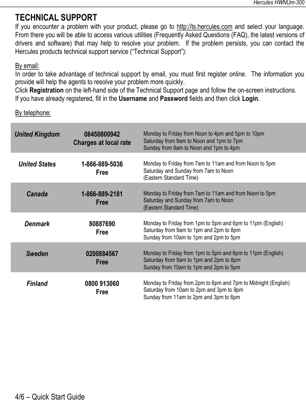 Hercules HWNUm-300 4/6 – Quick Start Guide  TECHNICAL SUPPORT If you encounter a problem with your product, please go to http://ts.hercules.com and select your language.  From there you will be able to access various utilities (Frequently Asked Questions (FAQ), the latest versions of drivers and software) that may help to resolve your problem.  If the problem persists, you can contact the Hercules products technical support service (“Technical Support”): By email: In order to take advantage of technical support by email, you must first register online.  The information you provide will help the agents to resolve your problem more quickly. Click Registration on the left-hand side of the Technical Support page and follow the on-screen instructions. If you have already registered, fill in the Username and Password fields and then click Login. By telephone: United Kingdom  08450800942 Charges at local rate Monday to Friday from Noon to 4pm and 5pm to 10pm Saturday from 9am to Noon and 1pm to 7pm  Sunday from 9am to Noon and 1pm to 4pm United States  1-866-889-5036 Free Monday to Friday from 7am to 11am and from Noon to 5pm Saturday and Sunday from 7am to Noon  (Eastern Standard Time) Canada  1-866-889-2181 Free Monday to Friday from 7am to 11am and from Noon to 5pm Saturday and Sunday from 7am to Noon  (Eastern Standard Time) Denmark  80887690 Free Monday to Friday from 1pm to 5pm and 6pm to 11pm (English) Saturday from 9am to 1pm and 2pm to 8pm  Sunday from 10am to 1pm and 2pm to 5pm Sweden  0200884567 Free Monday to Friday from 1pm to 5pm and 6pm to 11pm (English) Saturday from 9am to 1pm and 2pm to 8pm  Sunday from 10am to 1pm and 2pm to 5pm Finland  0800 913060 Free Monday to Friday from 2pm to 6pm and 7pm to Midnight (English) Saturday from 10am to 2pm and 3pm to 9pm  Sunday from 11am to 2pm and 3pm to 6pm  