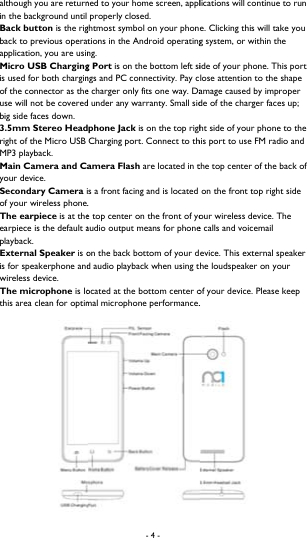  although you are returnin the background until Back button is the rigback to previous operatapplication, you are usinMicro USB Chargingis used for both charginof the connector as theuse will not be coveredbig side faces down.  3.5mm Stereo Headright of the Micro USB MP3 playback.   Main Camera and Cayour device.   Secondary Camera iof your wireless phone.The earpiece is at theearpiece is the default aplayback.  External Speaker is ois for speakerphone andwireless device.   The microphone is lothis area clean for optim- 4 - ned to your home screen, appl properly closed. ghtmost symbol on your phontions in the Android operatingng.   g Port is on the bottom left sings and PC connectivity. Pay ce charger only fits one way. Dad under any warranty. Small sidphone Jack is on the top righCharging port. Connect to thamera Flash are located in ts a front facing and is located .   e top center on the front of yoaudio output means for phoneon the back bottom of your dd audio playback when using tocated at the bottom center omal microphone performance.lications will continue to run e. Clicking this will take you g system, or within the ide of your phone. This port lose attention to the shape amage caused by improper de of the charger faces up; ht side of your phone to the his port to use FM radio and the top center of the back of  on the front top right side our wireless device. The e calls and voicemail evice. This external speaker he loudspeaker on your of your device. Please keep . 