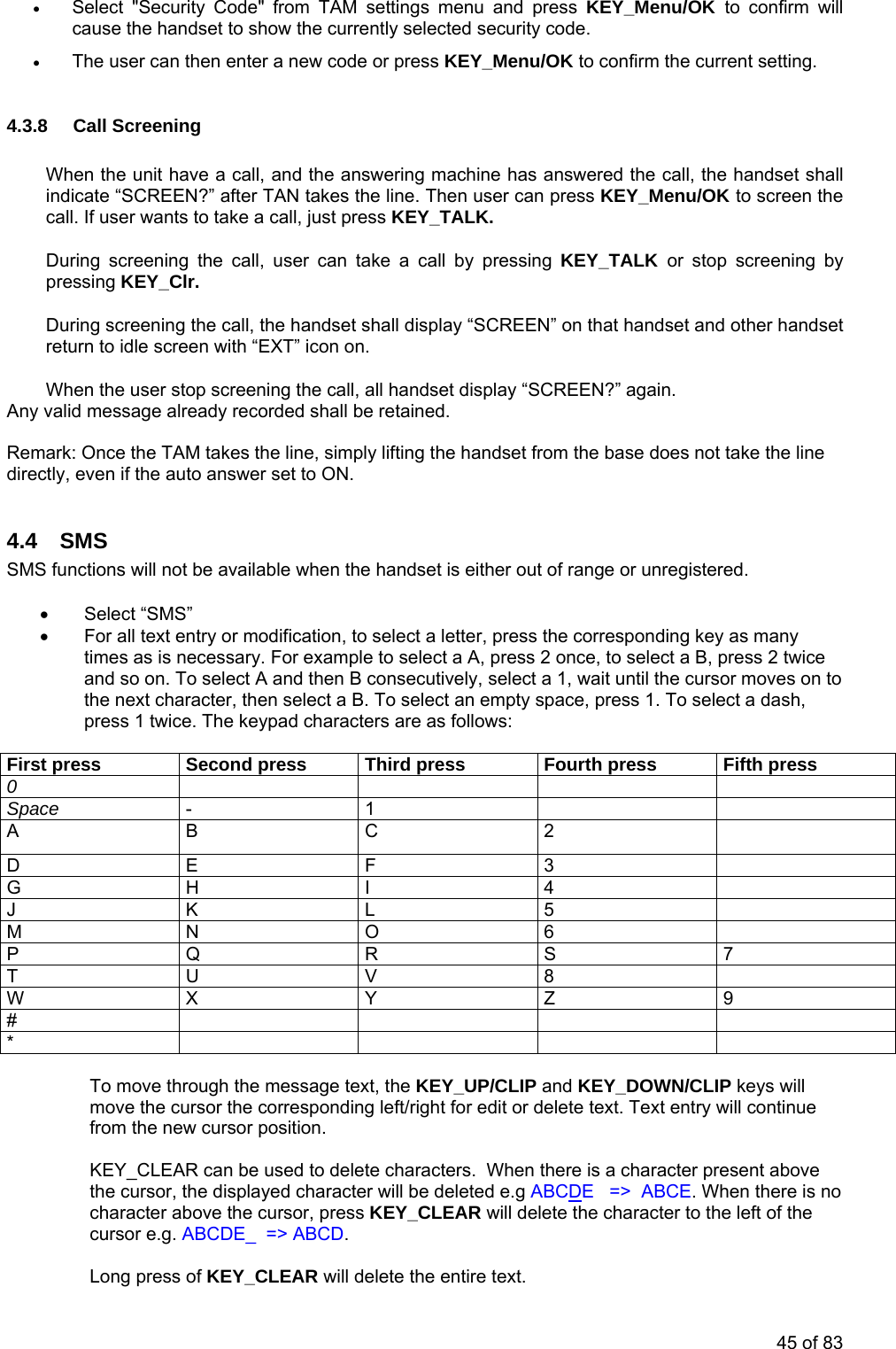 • S ct "Security Code" from TAM settings menu and press KEY_Menu/OK to confirm will curity code. • The e ew code or press KEY_Menu/OK to confirm the current setting. 4.3.8 CWhen the unit have a call, and the answering machine has answered the call, the handset shall indicate “SC e line. Then user can press KEY_Menu/OK to screen the call. If user nDuring screenin by pressing KEY_CDuring screeninreturn to idleWhen the user stoAny valid message already recorded shall be retained. ng the handset from the base does not take the line dire ly, en if the 4.4 S SSMS functions will n • Select “SM• y mes as is wice nr tw First prelecause the handset to show the currently selected se us r can then enter a nall Screening REEN?” after TAN takes thwa ts to take a call, just press KEY_TALK. g the call, user can take a call by pressing KEY_TALK or stop screeninglr. g the call, the handset shall display “SCREEN” on that handset and other handset screen with “EXT” icon on. p screening the call, all handset display “SCREEN?” again. Rem rk: Once the TAM takes the line, simply liftiact ev auto answer set to ON. M ot be available when the handset is either out of range or unregistered. S” For all text entry or modification, to select a letter, press the corresponding key as man2 tti necessary. For example to select a A, press 2 once, to select a B, press a d so on. To select A and then B consecutively, select a 1, wait until the cursor moves on to the next character, then select a B. To select an empty space, press 1. To select a dash, p ess 1 ice. The keypad characters are as follows: es Second press Third press Fourth press Fifth press s 0 Space - 1 B C 2 A D 3 E F G H I 4 J K L 5 M N O 6 P Q R S 7 T U V 8 W X Y Z 9 # * T through the message text, the KEY_UP/CLIPo move and KEY_DOWN/CLIP keys will ove the r delete text. Text entry will continue rom the ns a character present above he cursom cursor the corresponding left/right for edit of ew cursor position. EY_CLEK AR can be used to delete characters. When there it r, the displayed character will be deleted e.g ABCDE => ABCE. When there is noc aracter above the cursor, press KEY_CLEAR will delete the character to the left of the rsor e.g. ABCDE_ => ABCD. hcu Long press of KEY_CLEAR will delete the entire text. 45 of 83