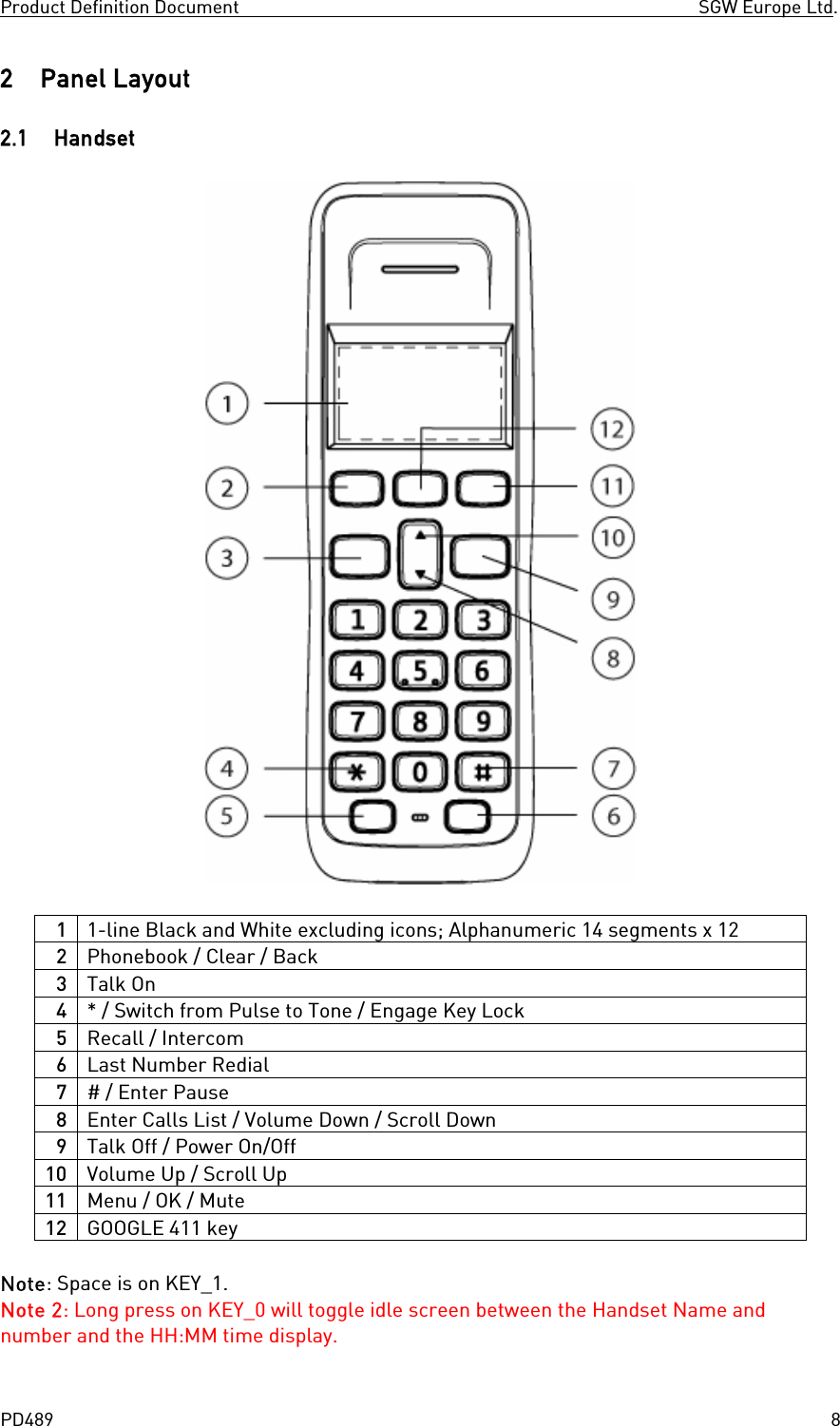 Product Definition Document SGW Europe Ltd. PD489 82 Panel Layout 2.1 Handset 1 1-line Black and White excluding icons; Alphanumeric 14 segments x 12 2 Phonebook / Clear / Back 3 Talk On 4 * / Switch from Pulse to Tone / Engage Key Lock 5 Recall / Intercom 6 Last Number Redial 7 # / Enter Pause 8 Enter Calls List / Volume Down / Scroll Down 9 Talk Off / Power On/Off 10 Volume Up / Scroll Up 11 Menu / OK / Mute 12 GOOGLE 411 key Note: Space is on KEY_1. Note 2: Long press on KEY_0 will toggle idle screen between the Handset Name and number and the HH:MM time display.