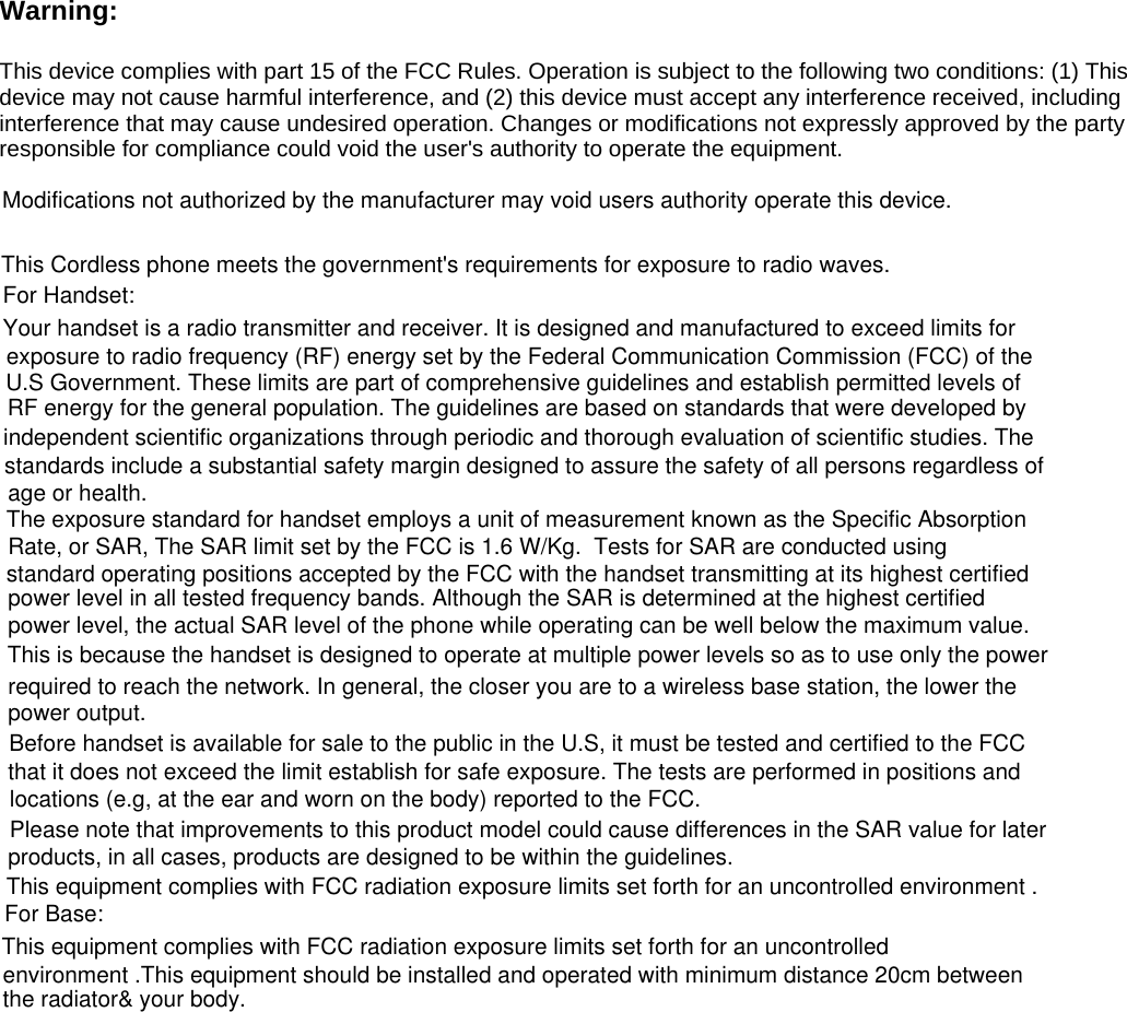 Warning: This device complies with part 15 of the FCC Rules. Operation is subject to the following two conditions: (1) This device may not cause harmful interference, and (2) this device must accept any interference received, including interference that may cause undesired operation. Changes or modifications not expressly approved by the party responsible for compliance could void the user's authority to operate the equipment. This Cordless phone meets the government's requirements for exposure to radio waves.For Handset:Your handset is a radio transmitter and receiver. It is designed and manufactured to exceed limits for exposure to radio frequency (RF) energy set by the Federal Communication Commission (FCC) of the U.S Government. These limits are part of comprehensive guidelines and establish permitted levels of RF energy for the general population. The guidelines are based on standards that were developed by independent scientific organizations through periodic and thorough evaluation of scientific studies. The standards include a substantial safety margin designed to assure the safety of all persons regardless of age or health.The exposure standard for handset employs a unit of measurement known as the Specific Absorption Rate, or SAR, The SAR limit set by the FCC is 1.6 W/Kg. Tests for SAR are conducted using standard operating positions accepted by the FCC with the handset transmitting at its highest certified power level in all tested frequency bands. Although the SAR is determined at the highest certified power level, the actual SAR level of the phone while operating can be well below the maximum value. This is because the handset is designed to operate at multiple power levels so as to use only the power required to reach the network. In general, the closer you are to a wireless base station, the lower the power output.Before handset is available for sale to the public in the U.S, it must be tested and certified to the FCC that it does not exceed the limit establish for safe exposure. The tests are performed in positions and locations (e.g, at the ear and worn on the body) reported to the FCC.Please note that improvements to this product model could cause differences in the SAR value for later products, in all cases, products are designed to be within the guidelines.This equipment complies with FCC radiation exposure limits set forth for an uncontrolled environment .For Base:This equipment complies with FCC radiation exposure limits set forth for an uncontrolled environment .This equipment should be installed and operated with minimum distance 20cm between the radiator& your body. Modifications not authorized by the manufacturer may void users authority operate this device.