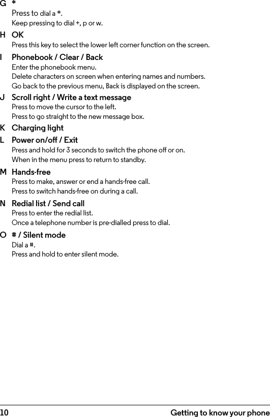 10 Getting to know your phoneG  * Press to dial a *. Keep pressing to dial +, p or w.H  OK  Press this key to select the lower left corner function on the screen.I  Phonebook / Clear / Back Enter the phonebook menu.  Delete characters on screen when entering names and numbers.  Go back to the previous menu, Back is displayed on the screen.J  Scroll right / Write a text message Press to move the cursor to the left. Press to go straight to the new message box.K  Charging lightL  Power on/o / Exit Press and hold for 3 seconds to switch the phone o or on.  When in the menu press to return to standby.M  Hands-free Press to make, answer or end a hands-free call. Press to switch hands-free on during a call.N  Redial list / Send call Press to enter the redial list. Once a telephone number is pre-dialled press to dial.O  # / Silent mode Dial a #. Press and hold to enter silent mode.