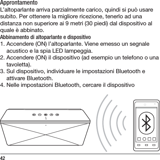 42ApprontamentoL&rsquo;altoparlante arriva parzialmente carico, quindi si pu&ograve; usare subito. Per ottenere la migliore ricezione, tenerlo ad una distanza non superiore ai 9 metri (30 piedi) dal dispositivo al quale &egrave; abbinato. Abbinamento di altoparlante e dispositivo1. Accendere (ON) l&rsquo;altoparlante. Viene emesso un segnale acustico e la spia LED lampeggia.2. Accendere (ON) il dispositivo (ad esempio un telefono o una tavoletta).3. Sul dispositivo, individuare le impostazioni Bluetooth e attivare Bluetooth.4. Nelle impostazioni Bluetooth, cercare il dispositivo 