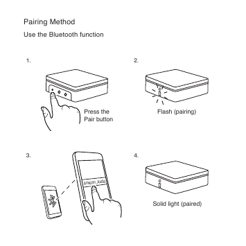 Amazon_AudioPairing MethodUse the Bluetooth function Flash (pairing) Press the Pair buttonSolid light (paired)1. 2.3. 4.