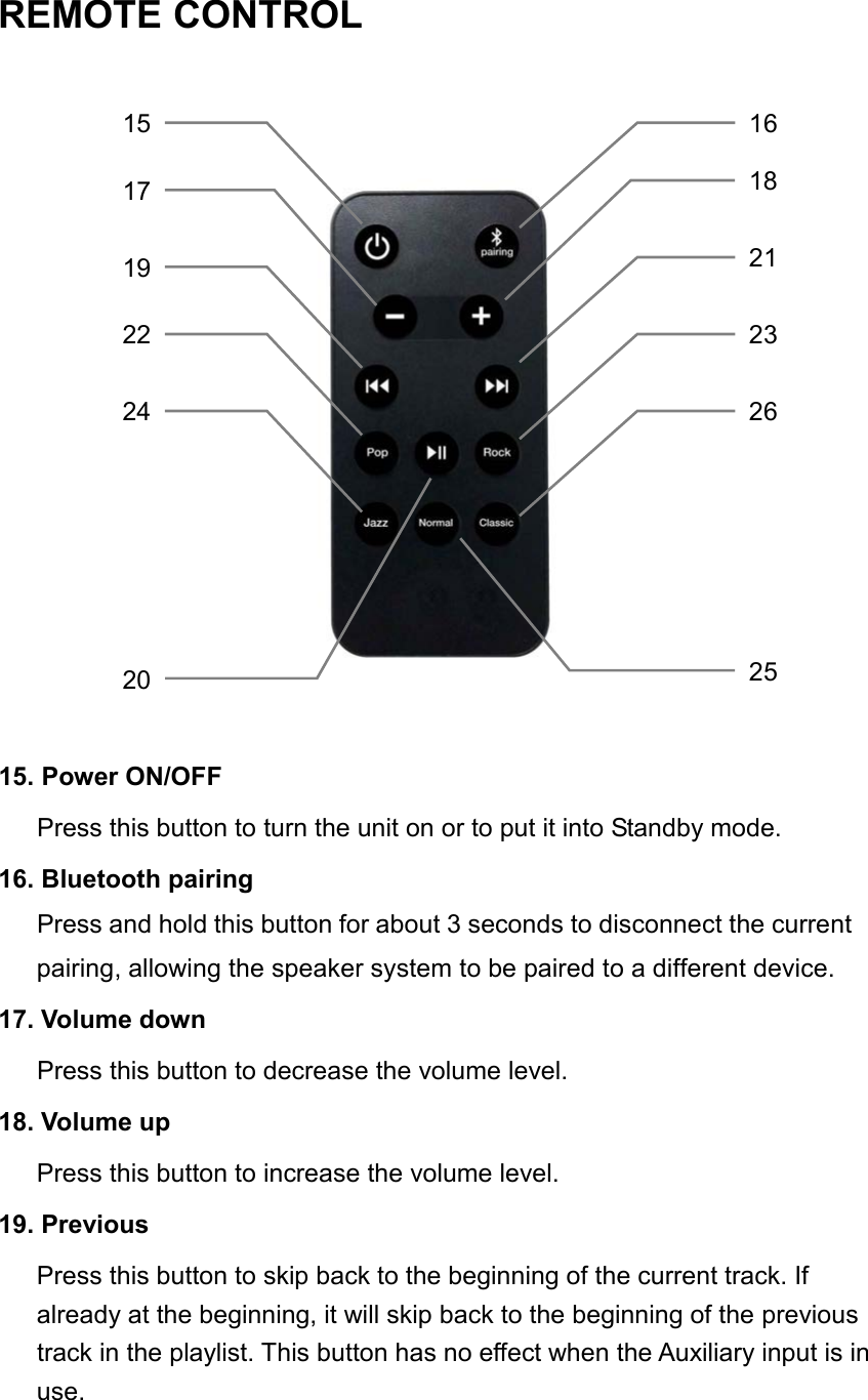 REMOTE CONTROL15. Power ON/OFFPress this button to turn the unit on or to put it into Standby mode.16. Bluetooth pairingPress and hold this button for about 3 seconds to disconnect the current pairing, allowing the speaker system to be paired to a different device.17. Volume downPress this button to decrease the volume level.18. Volume upPress this button to increase the volume level.19. PreviousPress this button to skip back to the beginning of the current track. Ifalready at the beginning, it will skip back to the beginning of the previoustrack in the playlist. This button has no effect when the Auxiliary input is inuse.151617192224261821232025