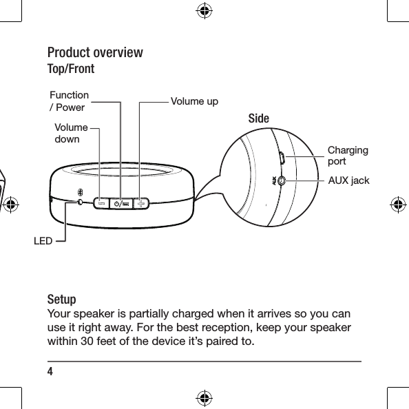4Product overviewTop/FrontSideFunction/ Power Volume upSetupYour speaker is partially charged when it arrives so you can use it right away. For the best reception, keep your speaker within 30 feet of the device it&rsquo;s paired to.Volume downCharging portLEDAUX jack