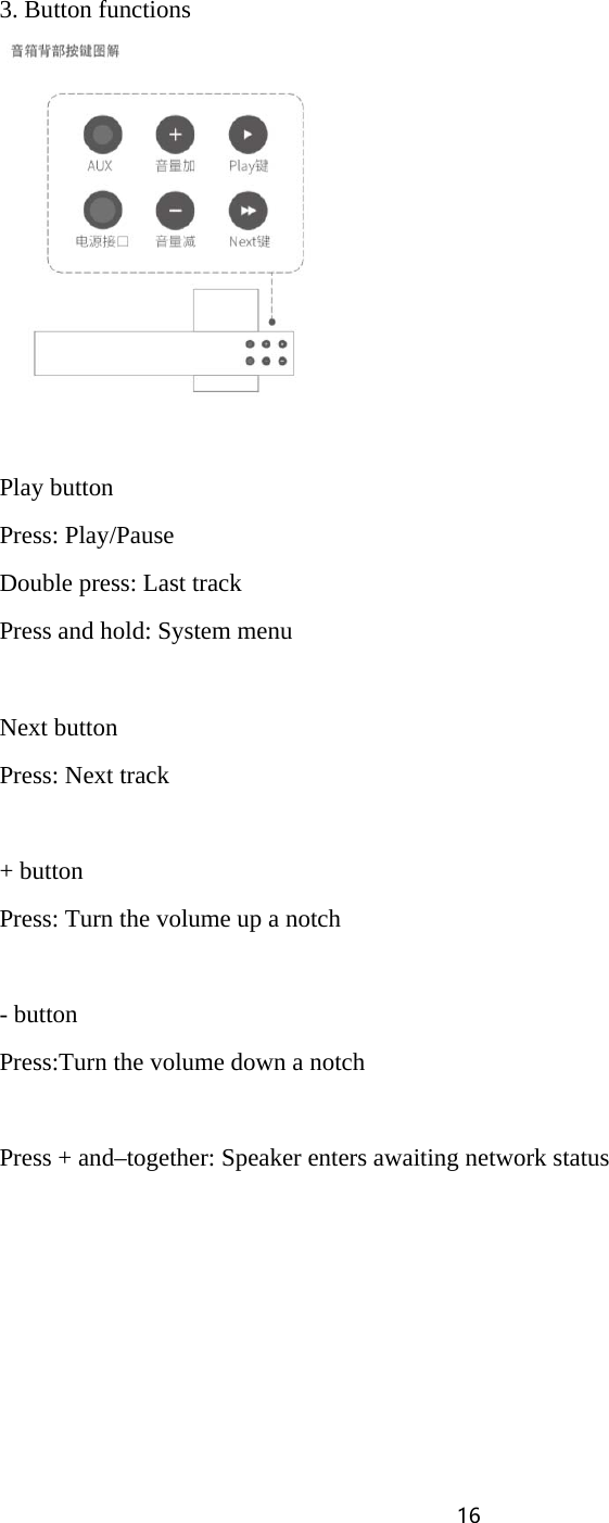 16   3. Button functions   Play button Press: Play/Pause Double press: Last track Press and hold: System menu  Next button Press: Next track  + button Press: Turn the volume up a notch  - button Press:Turn the volume down a notch  Press + and&ndash;together: Speaker enters awaiting network status