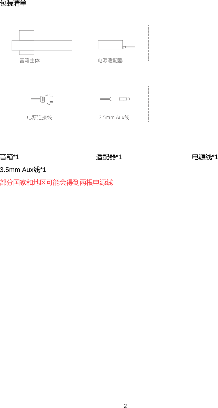 2   包装清单   音箱*1                       适配器*1                     电源线*1                     3.5mm Aux线*1 部分国家和地区可能会得到两根电源线  