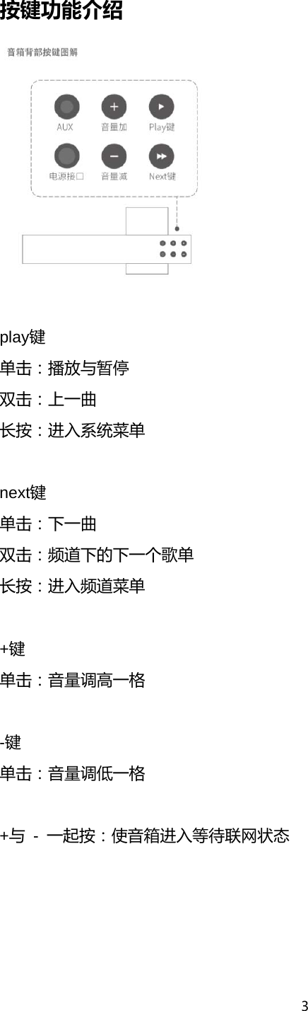 3  按键功能介绍   play键 单击：播放与暂停 双击：上一曲 长按：进入系统菜单  next键 单击：下一曲 双击：频道下的下一个歌单 长按：进入频道菜单  +键 单击：音量调高一格  -键 单击：音量调低一格  +与 - 一起按：使音箱进入等待联网状态