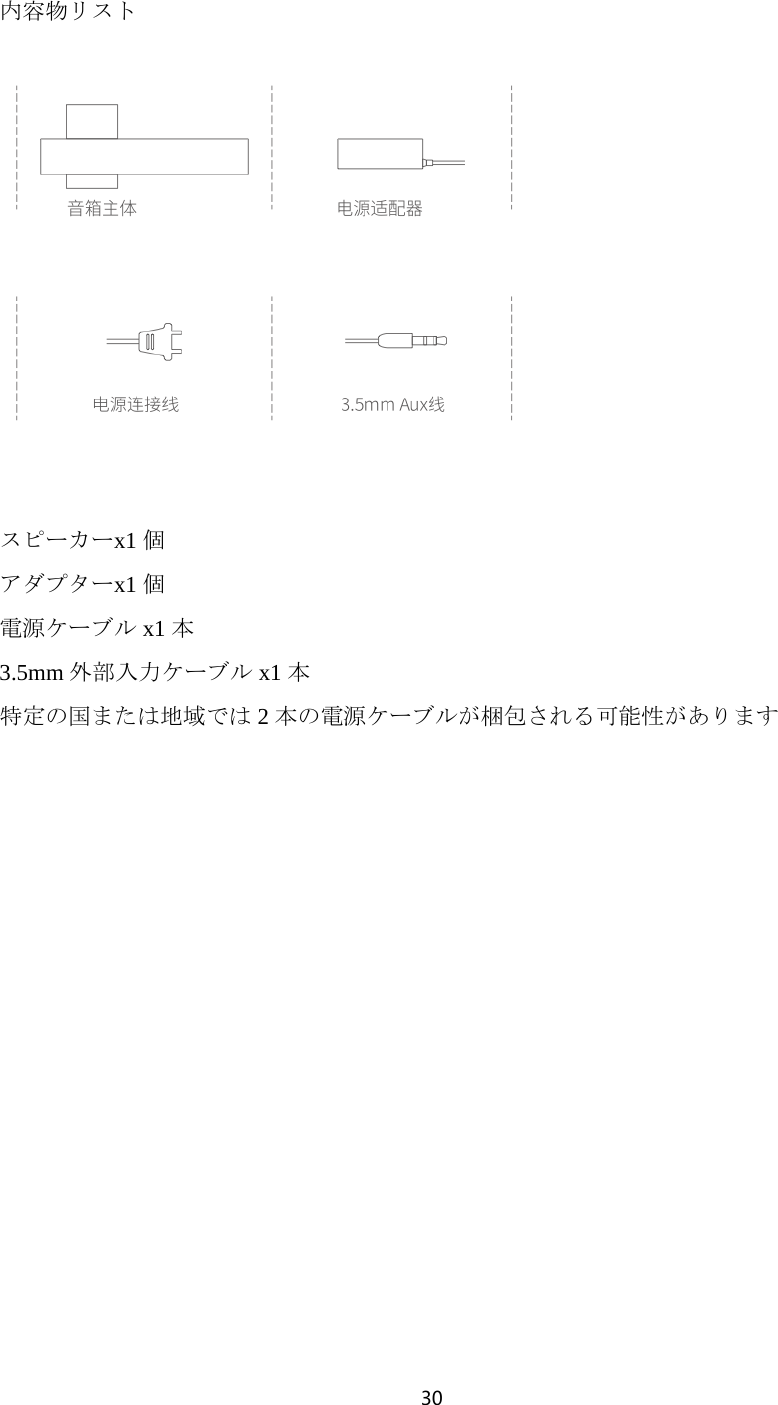 30   内容物リスト   スピーカーx1 個 アダプターx1 個 電源ケーブル x1 本 3.5mm 外部入力ケーブル x1 本 特定の国または地域では 2本の電源ケーブルが梱包される可能性があります   