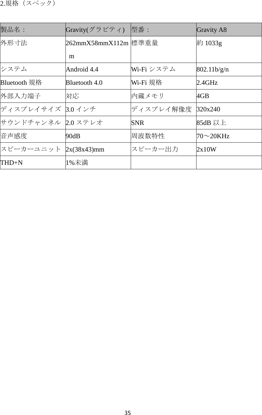 35   2.規格（スペック）  製品名： Gravity(グラビティ)  型番： Gravity A8 外形寸法 262mmX58mmX112mm 標準重量 約1033g システム Android 4.4 Wi-Fi システム 802.11b/g/n Bluetooth 規格 Bluetooth 4.0 Wi-Fi 規格 2.4GHz 外部入力端子 対応 内蔵メモリ 4GB ディスプレイサイズ 3.0 インチ ディスプレイ解像度 320x240 サウンドチャンネル 2.0 ステレオ SNR 85dB 以上 音声感度 90dB 周波数特性 70～20KHz スピーカーユニット 2x(38x43)mm スピーカー出力 2x10W THD+N 1%未満         