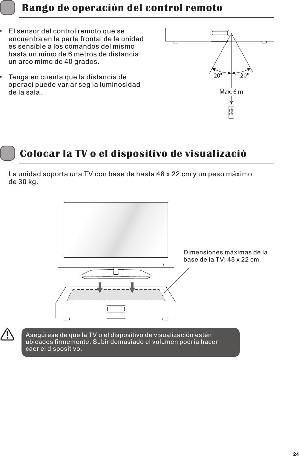 Rango de operaci&oacute;n del control remotoEl sensor del control remoto que se encuentra en la parte frontal de la unidad es sensible a los comandos del mismo hasta un mimo de 6 metros de distancia  un arco mimo de 40 grados.Tenga en cuenta que la distancia de operaci puede variar seg la luminosidad de la sala.Colocar la TV o el dispositivo de visualizaci&oacute; La unidad soporta una TV con base de hasta 48 x 22 cm y un peso m&aacute;ximo de 30 kg.Dimensiones m&aacute;ximas de la base de la TV: 48 x 22 cmAseg&uacute;rese de que la TV o el dispositivo de visualizaci&oacute;n est&eacute;n ubicados firmemente. Subir demasiado el volumen podr&iacute;a hacer caer el dispositivo.24SEIKI