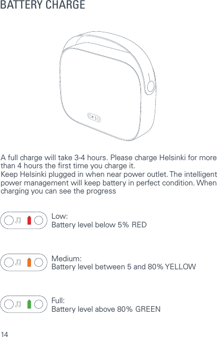 14BATTERY CHARGEA full charge will take 3-4 hours. Please charge Helsinki for more than 4 hours the rst time you charge it. Keep Helsinki plugged in when near power outlet. The intelligent power management will keep battery in perfect condition. When charging you can see the progressLow: Battery level below 5% REDMedium: Battery level between 5 and 80% YELLOWFull: Battery level above 80% GREEN 