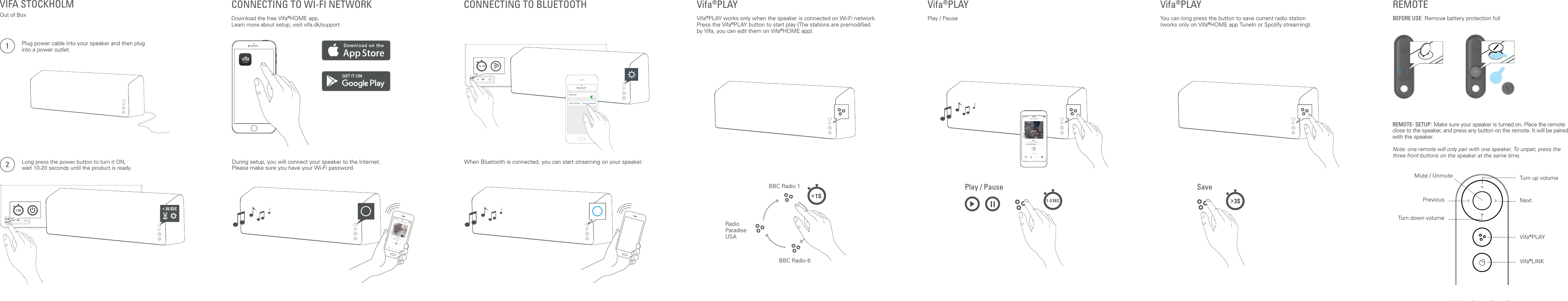 VIFA STOCKHOLM  Out of BoxCONNECTING TO WI-FI NETWORK Download the free Vifa&reg;HOME app.  Learn more about setup, visit vifa.dk/supportCONNECTING TO BLUETOOTH  Vifa&reg;PLAY  Vifa&reg;PLAY 12Vifa&reg;PLAY works only when the speaker is connected on Wi-Fi network. Press the Vifa&reg;PLAY button to start play (The stations are premodiﬁed by Vifa, you can edit them on Vifa&reg;HOME app).KITCHENAutentic sound 100%9:41 AMSketchDR P3The Great DiscontentRADIO PRESETSVifa&reg;PLAYYou can long press the button to save current radio station  (works only on Vifa&reg;HOME app TuneIn or Spotify streaming).BBC Radio 1Radio  Paradise  USABBC Radio 6Play / Pause Play / Pause SaveDR P5Olive Daniels / SpringEMMA&rsquo;S ROOMTuneIn100%9:41 AMSketch 100%9:41 AMSketchNOW PLAY EMMA&rsquo;S ROOMBluetooth14:52BluetoothVIFA_BTxxxx Not ConnectedREMOTE BEFORE USE: Remove battery protection foilREMOTE- SETUP: Make sure your speaker is turned on. Place the remote close to the speaker, and press any button on the remote. It will be paired with the speaker. Note: one remote will only pair with one speaker. To unpair, press the three front buttons on the speaker at the same time.Turn up volumeNextVifa&reg;PLAYVifa&reg;LINKMute / Unmute PreviousTurn down volumePlug power cable into your speaker and then plug into a power outlet.When Bluetooth is connected, you can start streaming on your speaker.Long press the power button to turn it ON,  wait 10-20 seconds until the product is ready.During setup, you will connect your speaker to the Internet. Please make sure you have your Wi-Fi password.