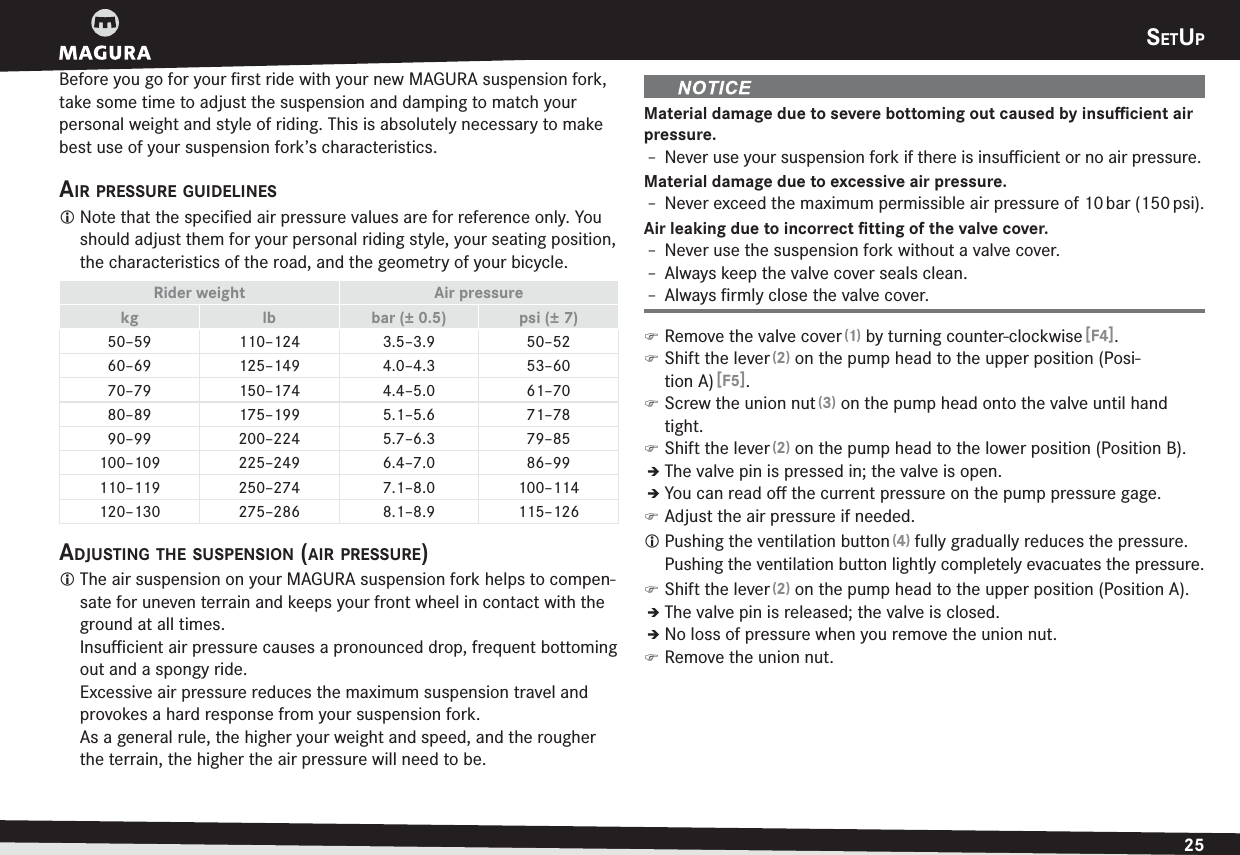 SETUP25ENGLISHSETUPBefore you go for your ﬁrst ride with your new MAGURA suspension fork, take some time to adjust the suspension and damping to match your personal weight and style of riding. This is absolutely necessary to make best use of your suspension fork’s characteristics.AIR PRESSURE GUIDELINESL Note that the speciﬁed air pressure values are for reference only. You should adjust them for your personal riding style, your seating position, the characteristics of the road, and the geometry of your bicycle.Rider weight Air pressurekg lb bar (± 0.5) psi (± 7)50–59 110–124 3.5–3.9 50–5260–69 125–149 4.0–4.3 53–6070–79 150–174 4.4–5.0 61–7080–89 175–199 5.1–5.6 71–7890–99 200–224 5.7–6.3 79–85100–109 225–249 6.4–7.0 86–99110–119 250–274 7.1–8.0 100–114120–130 275–286 8.1–8.9 115–126ADJUSTING THE SUSPENSION (AIR PRESSURE)L The air suspension on your MAGURA suspension fork helps to compen-sate for uneven terrain and keeps your front wheel in contact with the ground at all times. Insuﬃcient air pressure causes a pronounced drop, frequent bottoming out and a spongy ride. Excessive air pressure reduces the maximum suspension travel and provokes a hard response from your suspension fork. As a general rule, the higher your weight and speed, and the rougher the terrain, the higher the air pressure will need to be.Material damage due to severe bottoming out caused by insuﬃcient air pressure.h Never use your suspension fork if there is insuﬃcient or no air pressure. Material damage due to excessive air pressure.h Never exceed the maximum permissible air pressure of 10 bar (150 psi). Air leaking due to incorrect ﬁtting of the valve cover.h Never use the suspension fork without a valve cover.h Always keep the valve cover seals clean.h Always ﬁrmly close the valve cover. )Remove the valve cover (1) by turning counter-clockwise [F4]. )Shift the lever (2) on the pump head to the upper position (Posi-tionA) [F5]. )Screw the union nut (3) on the pump head onto the valve until hand tight. )Shift the lever (2) on the pump head to the lower position (Position B).ÎThe valve pin is pressed in; the valve is open.ÎYou can read oﬀ the current pressure on the pump pressure gage. )Adjust the air pressure if needed.L Pushing the ventilation button (4) fully gradually reduces the pressure.Pushing the ventilation button lightly completely evacuates the pressure. )Shift the lever (2) on the pump head to the upper position (Position A).ÎThe valve pin is released; the valve is closed.ÎNo loss of pressure when you remove the union nut. )Remove the union nut.