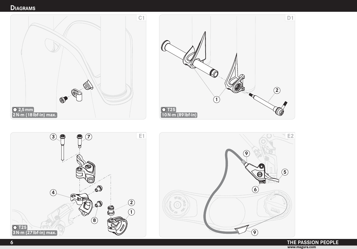 DIAGRAMSTHE PASSION PEOPLEwww.magura.com62 N·m (18 lbf·in) max.2,5 mmC1E256993 N·m (27 lbf·in) max.T25E173421810 N·m (89 lbf·in)T25D112