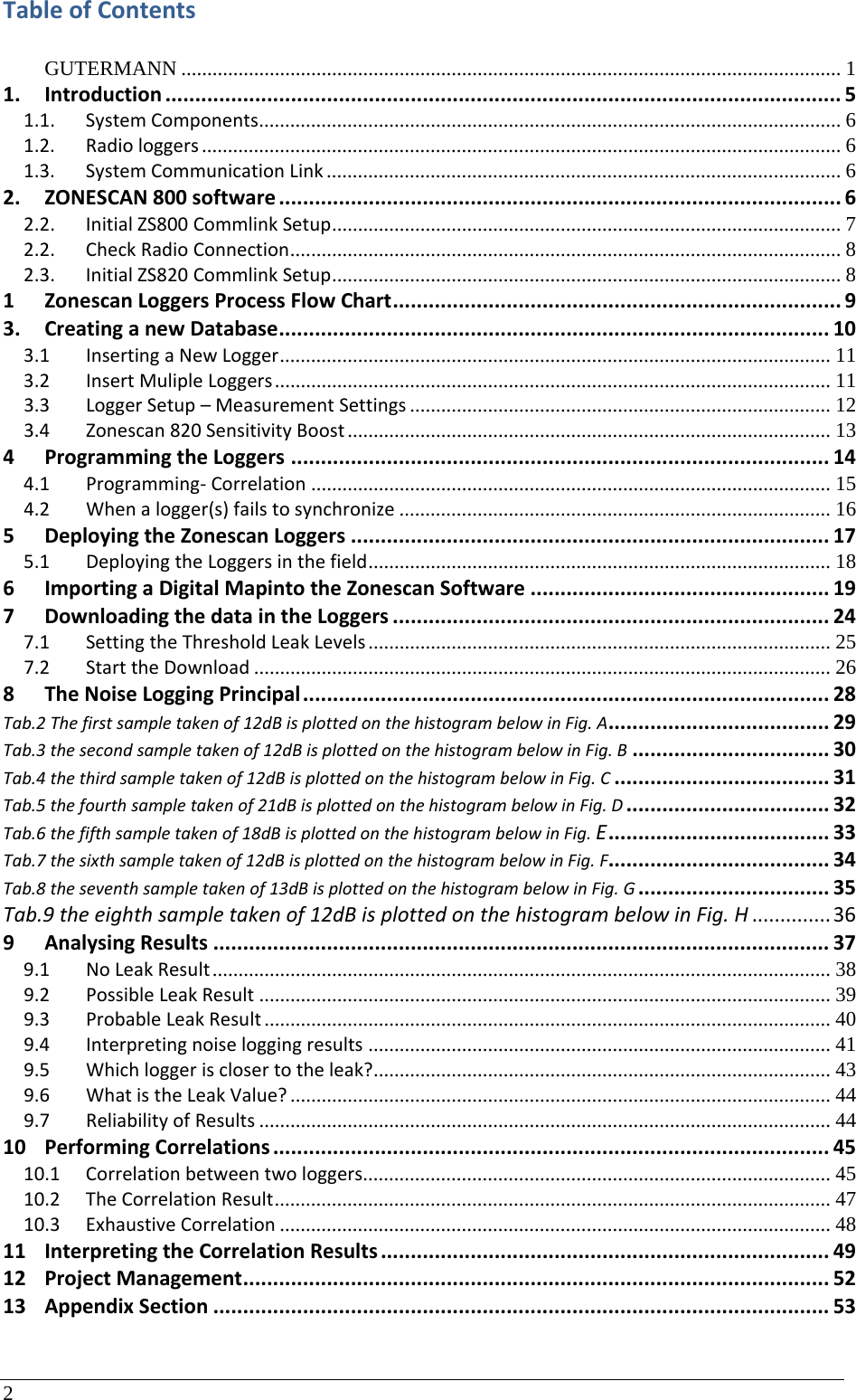 2 TableofContentsGUTERMANN ............................................................................................................................... 11.Introduction.................................................................................................................51.1.SystemComponents ................................................................................................................  61.2.Radiologgers ........................................................................................................................... 61.3.SystemCommunicationLink ................................................................................................... 62.ZONESCAN800software..............................................................................................62.2.InitialZS800CommlinkSetup ..................................................................................................  72.2.CheckRadioConnection ..........................................................................................................  82.3.InitialZS820CommlinkSetup ..................................................................................................  81ZonescanLoggersProcessFlowChart...........................................................................93.CreatinganewDatabase............................................................................................103.1InsertingaNewLogger ..........................................................................................................  113.2InsertMulipleLoggers ........................................................................................................... 113.3LoggerSetup–MeasurementSettings ................................................................................. 123.4Zonescan820SensitivityBoost ............................................................................................. 134ProgrammingtheLoggers..........................................................................................144.1Programming‐Correlation .................................................................................................... 154.2Whenalogger(s)failstosynchronize ................................................................................... 165DeployingtheZonescanLoggers................................................................................175.1DeployingtheLoggersinthefield .........................................................................................  186ImportingaDigitalMapintotheZonescanSoftware..................................................197DownloadingthedataintheLoggers.........................................................................247.1SettingtheThresholdLeakLevels .........................................................................................  257.2StarttheDownload ............................................................................................................... 268TheNoiseLoggingPrincipal........................................................................................28Tab.2Thefirstsampletakenof12dBisplottedonthehistogrambelowinFig.A.....................................29Tab.3thesecondsampletakenof12dBisplottedonthehistogrambelowinFig.B.................................30Tab.4thethirdsampletakenof12dBisplottedonthehistogrambelowinFig.C....................................31Tab.5thefourthsampletakenof21dBisplottedonthehistogrambelowinFig.D..................................32Tab.6thefifthsampletakenof18dBisplottedonthehistogrambelowinFig.E.....................................33Tab.7thesixthsampletakenof12dBisplottedonthehistogrambelowinFig.F.....................................34Tab.8theseventhsampletakenof13dBisplottedonthehistogrambelowinFig.G................................35Tab.9theeighthsampletakenof12dBisplottedonthehistogrambelowinFig.H..............369AnalysingResults.......................................................................................................379.1NoLeakResult .......................................................................................................................  389.2PossibleLeakResult .............................................................................................................. 399.3ProbableLeakResult ............................................................................................................. 409.4Interpretingnoiseloggingresults ......................................................................................... 419.5Whichloggerisclosertotheleak? ........................................................................................  439.6WhatistheLeakValue? ........................................................................................................ 449.7ReliabilityofResults .............................................................................................................. 4410PerformingCorrelations.............................................................................................4510.1Correlationbetweentwologgers ..........................................................................................  4510.2TheCorrelationResult ...........................................................................................................  4710.3ExhaustiveCorrelation .......................................................................................................... 4811InterpretingtheCorrelationResults...........................................................................4912ProjectManagement..................................................................................................5213AppendixSection.......................................................................................................53