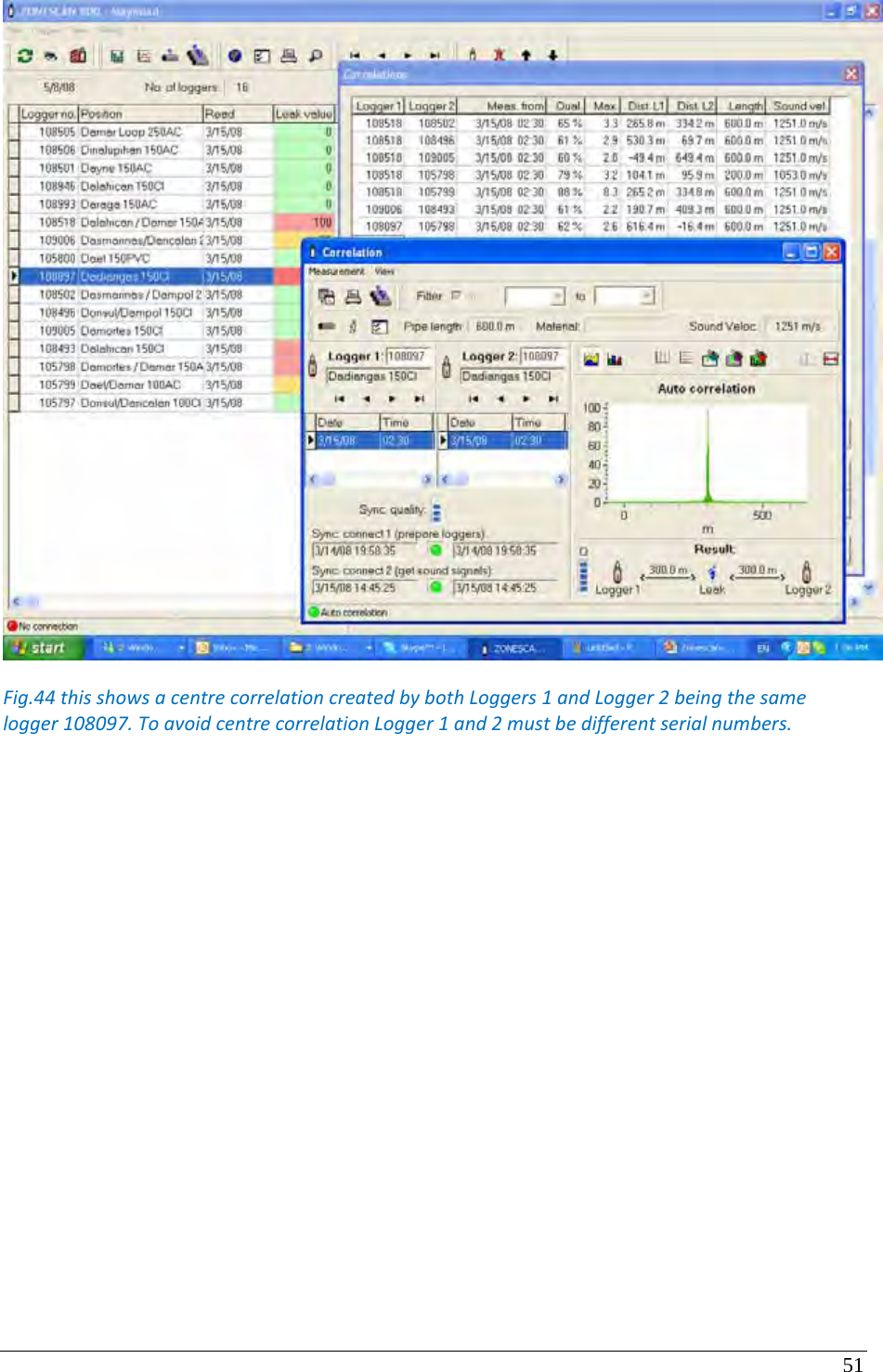 51     Fig.44thisshowsacentrecorrelationcreatedbybothLoggers1andLogger2beingthesamelogger108097.ToavoidcentrecorrelationLogger1and2mustbedifferentserialnumbers.