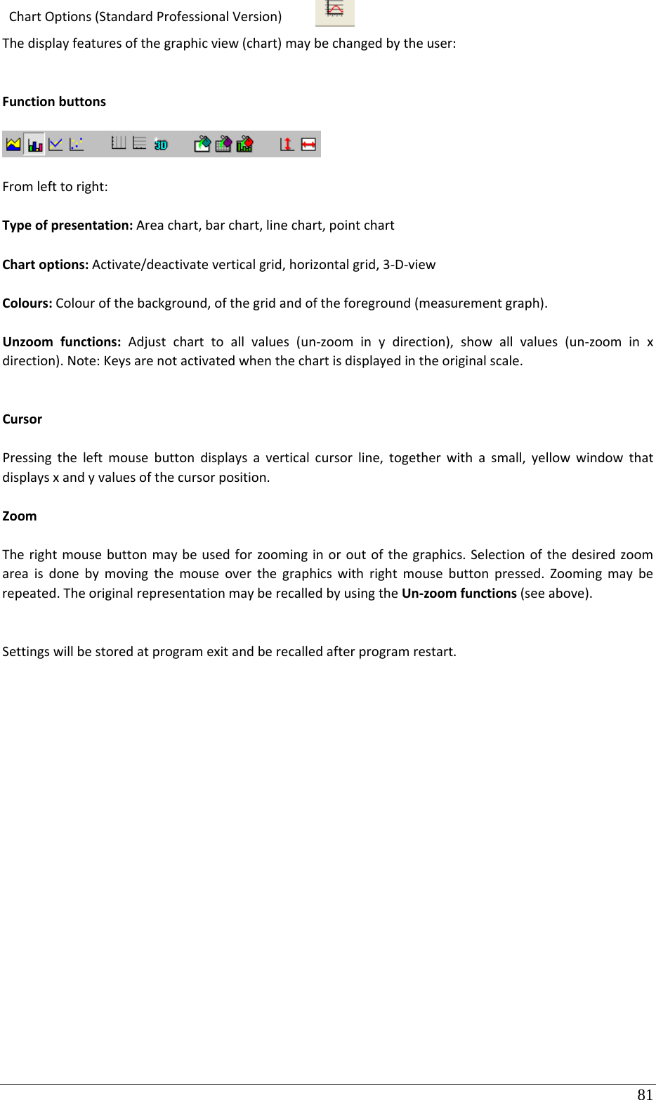 81 ChartOptions(StandardProfessionalVersion) Thedisplayfeaturesofthegraphicview(chart)maybechangedbytheuser:FunctionbuttonsFromlefttoright:Typeofpresentation:Areachart,barchart,linechart,pointchartChartoptions:Activate/deactivateverticalgrid,horizontalgrid,3‐D‐viewColours:Colourofthebackground,ofthegridandoftheforeground(measurementgraph).Unzoomfunctions:Adjustcharttoallvalues(un‐zoominydirection),showallvalues(un‐zoominxdirection).Note:Keysarenotactivatedwhenthechartisdisplayedintheoriginalscale.CursorPressingtheleftmousebuttondisplaysaverticalcursorline,togetherwithasmall,yellowwindowthatdisplaysxandyvaluesofthecursorposition.ZoomTherightmousebuttonmaybeusedforzoominginoroutofthegraphics.Selectionofthedesiredzoomareaisdonebymovingthemouseoverthegraphicswithrightmousebuttonpressed.Zoomingmayberepeated.TheoriginalrepresentationmayberecalledbyusingtheUn‐zoomfunctions(seeabove).Settingswillbestoredatprogramexitandberecalledafterprogramrestart.