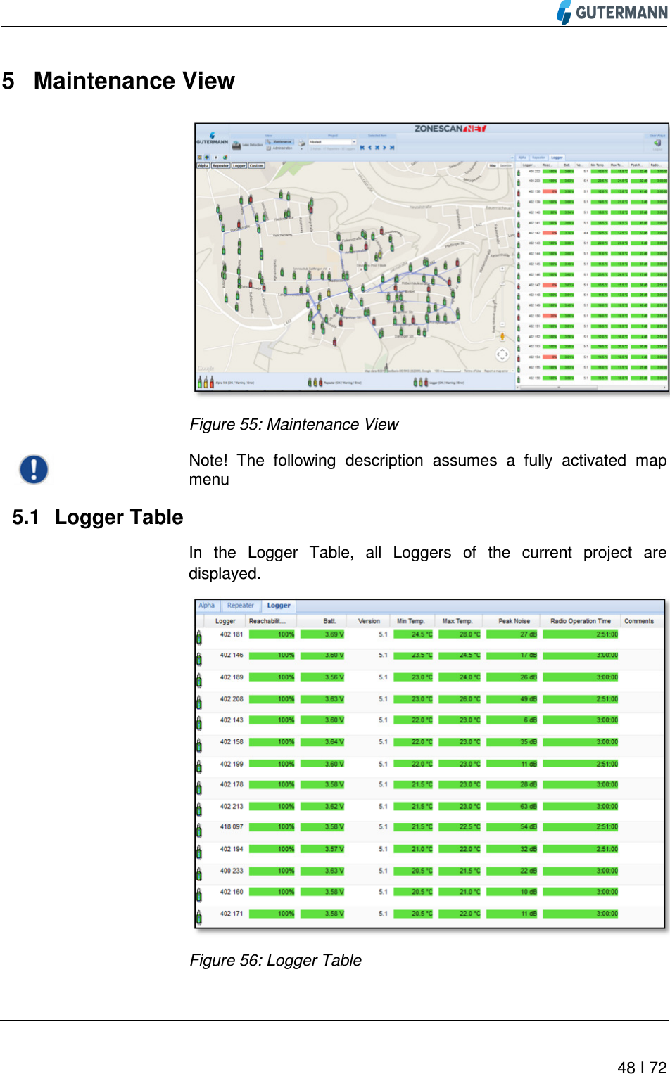          48 I 72  5  Maintenance View  Figure 55: Maintenance View  Note!  The  following  description  assumes  a  fully  activated  map menu   Logger Table 5.1In  the  Logger  Table,  all  Loggers  of  the  current  project  are displayed.  Figure 56: Logger Table 