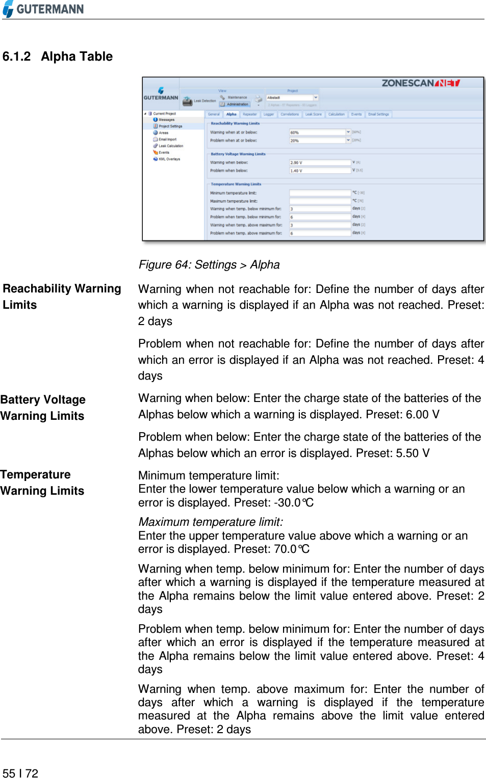       55 I 72  6.1.2  Alpha Table  Figure 64: Settings &gt; Alpha Warning when not reachable for: Define the number of days after which a warning is displayed if an Alpha was not reached. Preset: 2 days Problem when not reachable for: Define the number of days after which an error is displayed if an Alpha was not reached. Preset: 4 days Warning when below: Enter the charge state of the batteries of the Alphas below which a warning is displayed. Preset: 6.00 V Problem when below: Enter the charge state of the batteries of the Alphas below which an error is displayed. Preset: 5.50 V Minimum temperature limit: Enter the lower temperature value below which a warning or an error is displayed. Preset: -30.0°C Maximum temperature limit: Enter the upper temperature value above which a warning or an error is displayed. Preset: 70.0°C Warning when temp. below minimum for: Enter the number of days after which a warning is displayed if the temperature measured at the Alpha remains below the limit value entered above. Preset: 2 days Problem when temp. below minimum for: Enter the number of days after  which  an  error  is  displayed  if  the  temperature  measured  at the Alpha remains below the limit value entered above. Preset: 4 days Warning  when  temp.  above  maximum  for:  Enter  the  number  of days  after  which  a  warning  is  displayed  if  the  temperature measured  at  the  Alpha  remains  above  the  limit  value  entered above. Preset: 2 days Reachability Warning Limits Battery Voltage Warning Limits Temperature Warning Limits 