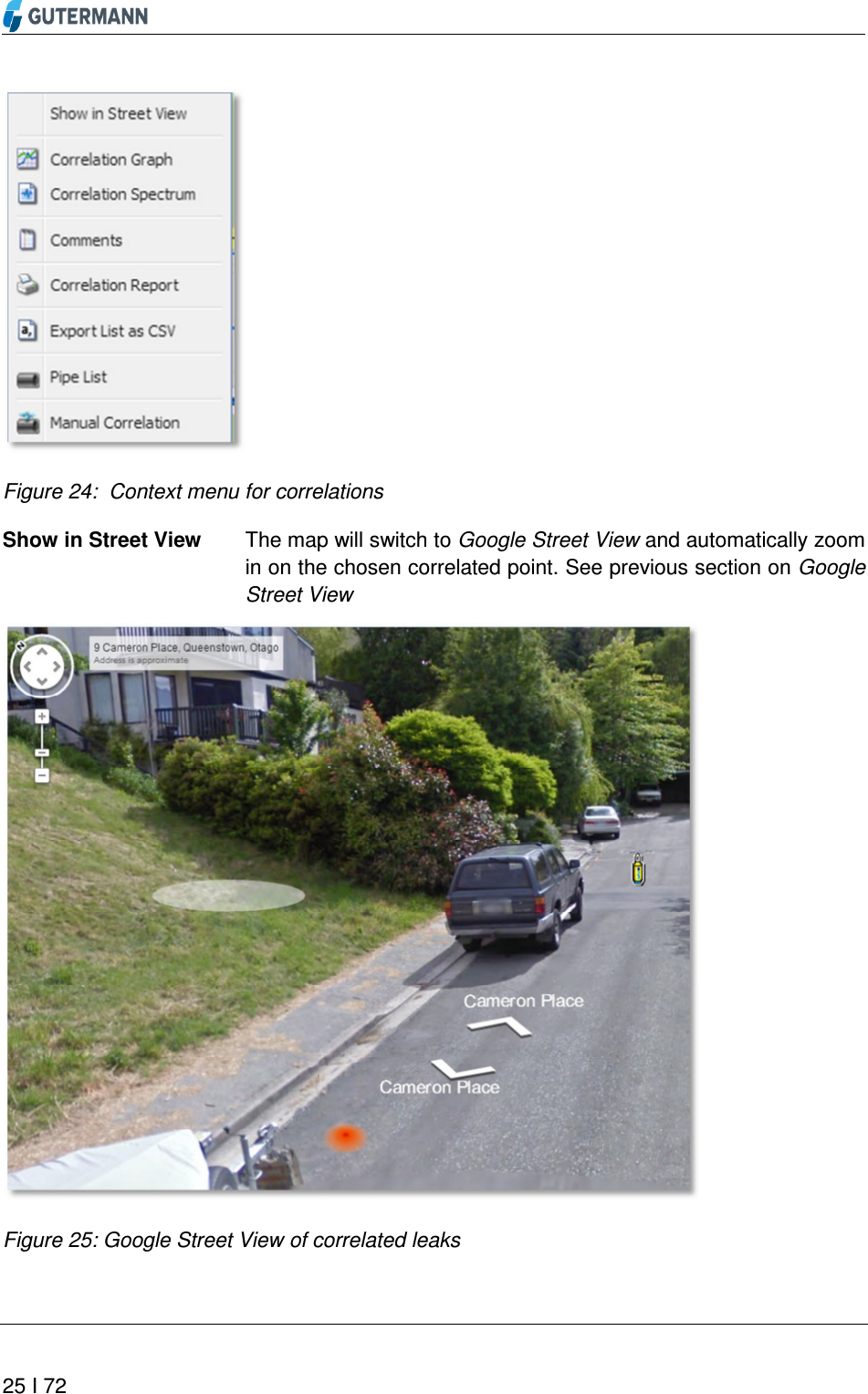       25 I 72   Figure 24:  Context menu for correlations The map will switch to Google Street View and automatically zoom in on the chosen correlated point. See previous section on Google Street View  Figure 25: Google Street View of correlated leaks    Show in Street View 
