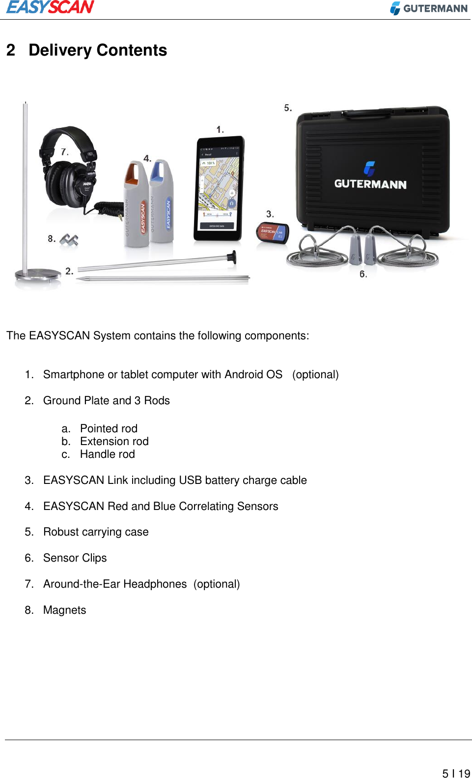         5 I 19 2  Delivery Contents     The EASYSCAN System contains the following components:   1.  Smartphone or tablet computer with Android OS   (optional)   2.  Ground Plate and 3 Rods  a.  Pointed rod b.  Extension rod c.  Handle rod  3. EASYSCAN Link including USB battery charge cable  4. EASYSCAN Red and Blue Correlating Sensors  5.  Robust carrying case  6.  Sensor Clips  7.  Around-the-Ear Headphones  (optional)  8.  Magnets       