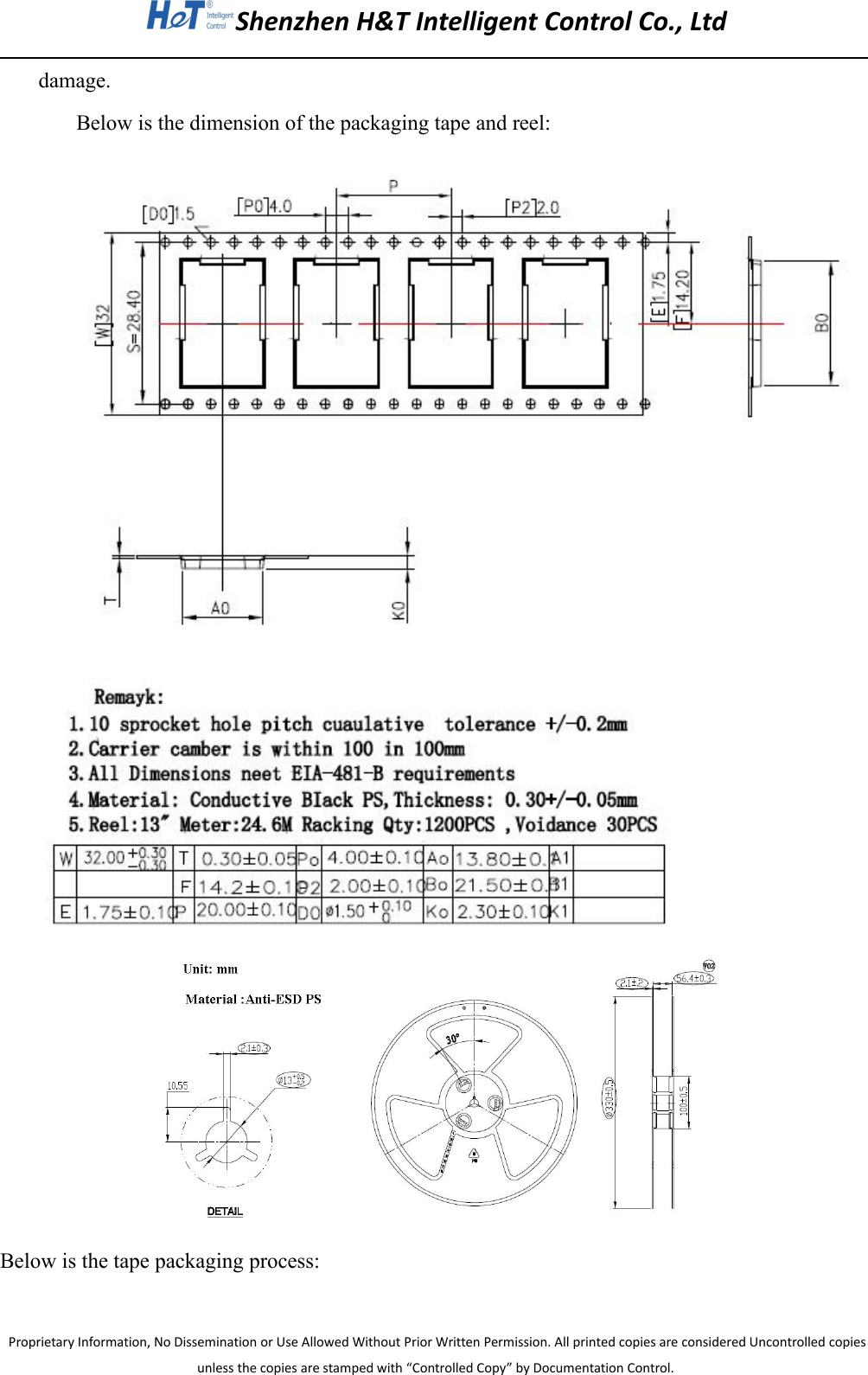 Shenzhen H&amp;T Intelligent Control Co., LtdProprietary Information, No Dissemination or Use Allowed Without Prior Written Permission. All printed copies are considered Uncontrolled copiesunless the copies are stamped with &ldquo;Controlled Copy&rdquo; by Documentation Control.damage.Below is the dimension of the packaging tape and reel:Below is the tape packaging process: