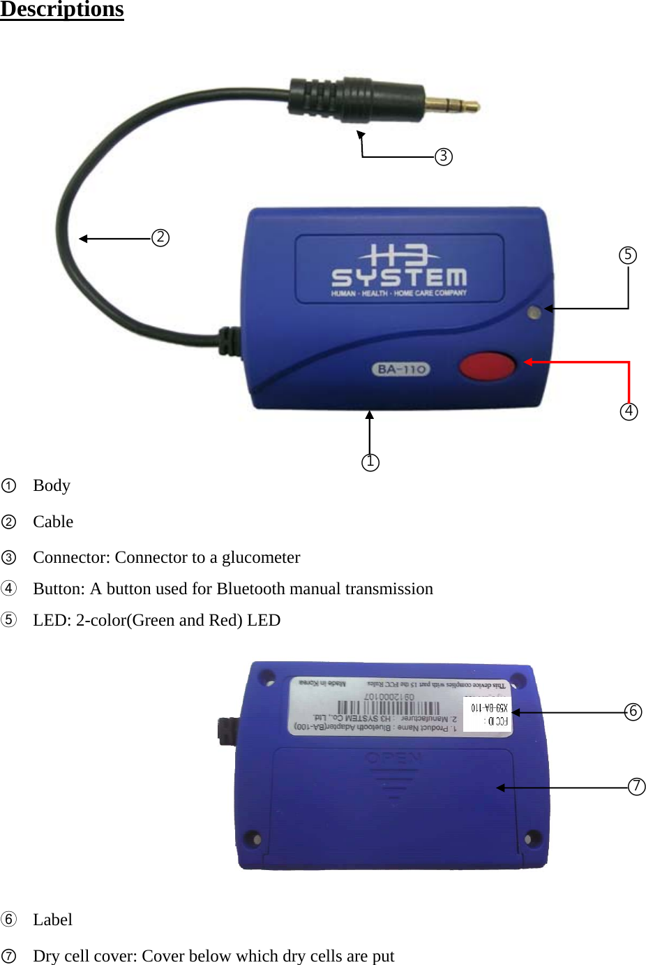 Descriptions  ① Body ② Cable ③ Connector: Connector to a glucometer ④ Button: A button used for Bluetooth manual transmission ⑤ LED: 2-color(Green and Red) LED  ⑥ Label                  ⑦ Dry cell cover: Cover below which dry cells are put ○3 ○2 ○1 ○4 ○5 ○7 ○6 