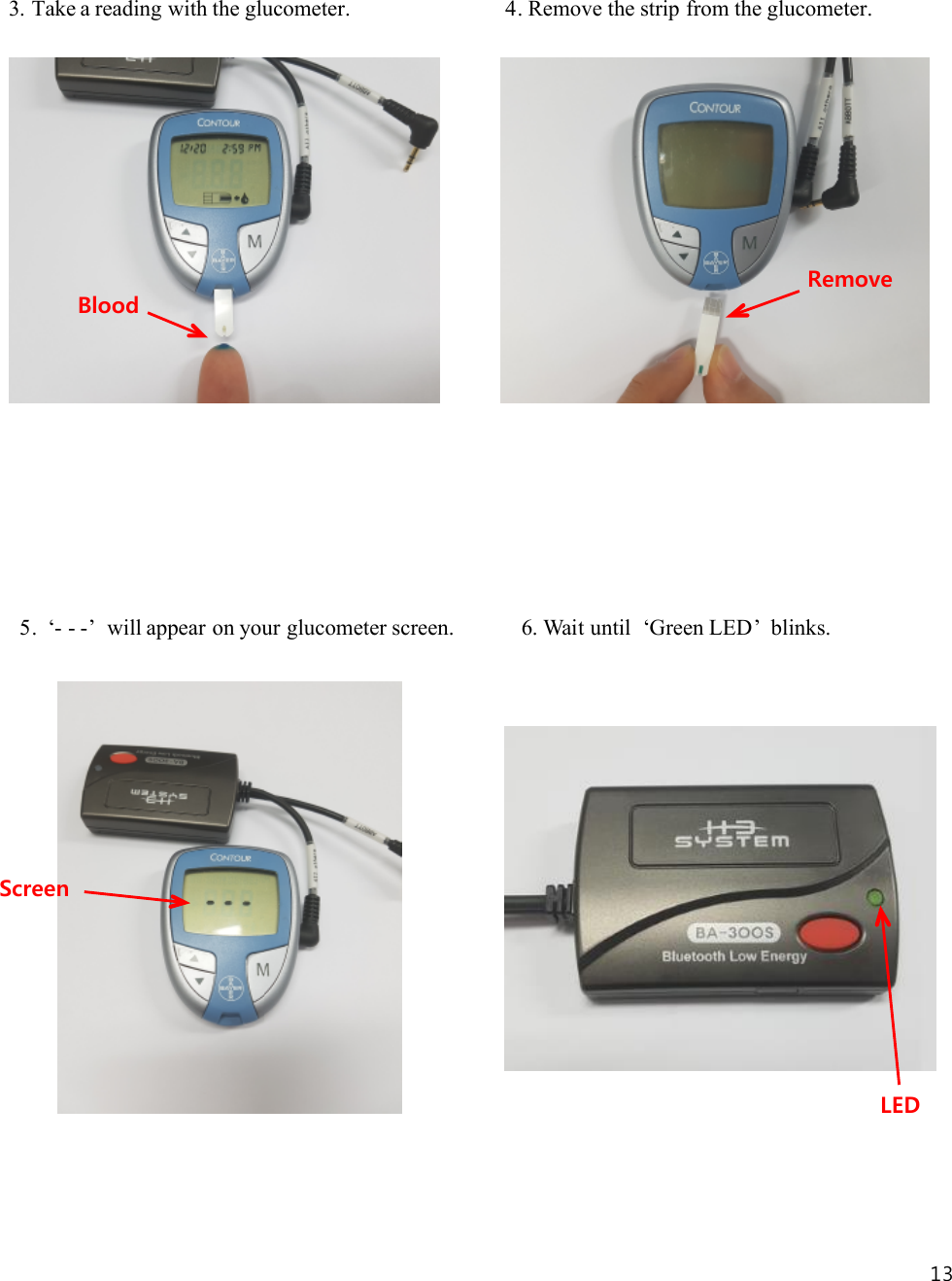 133. Take a reading with the glucometer. 4. Remove the strip from the glucometer.5. ‘- - -’ will appear on your glucometer screen. 6. Wait until ‘Green LED’ blinks.LEDScreenRemoveBlood