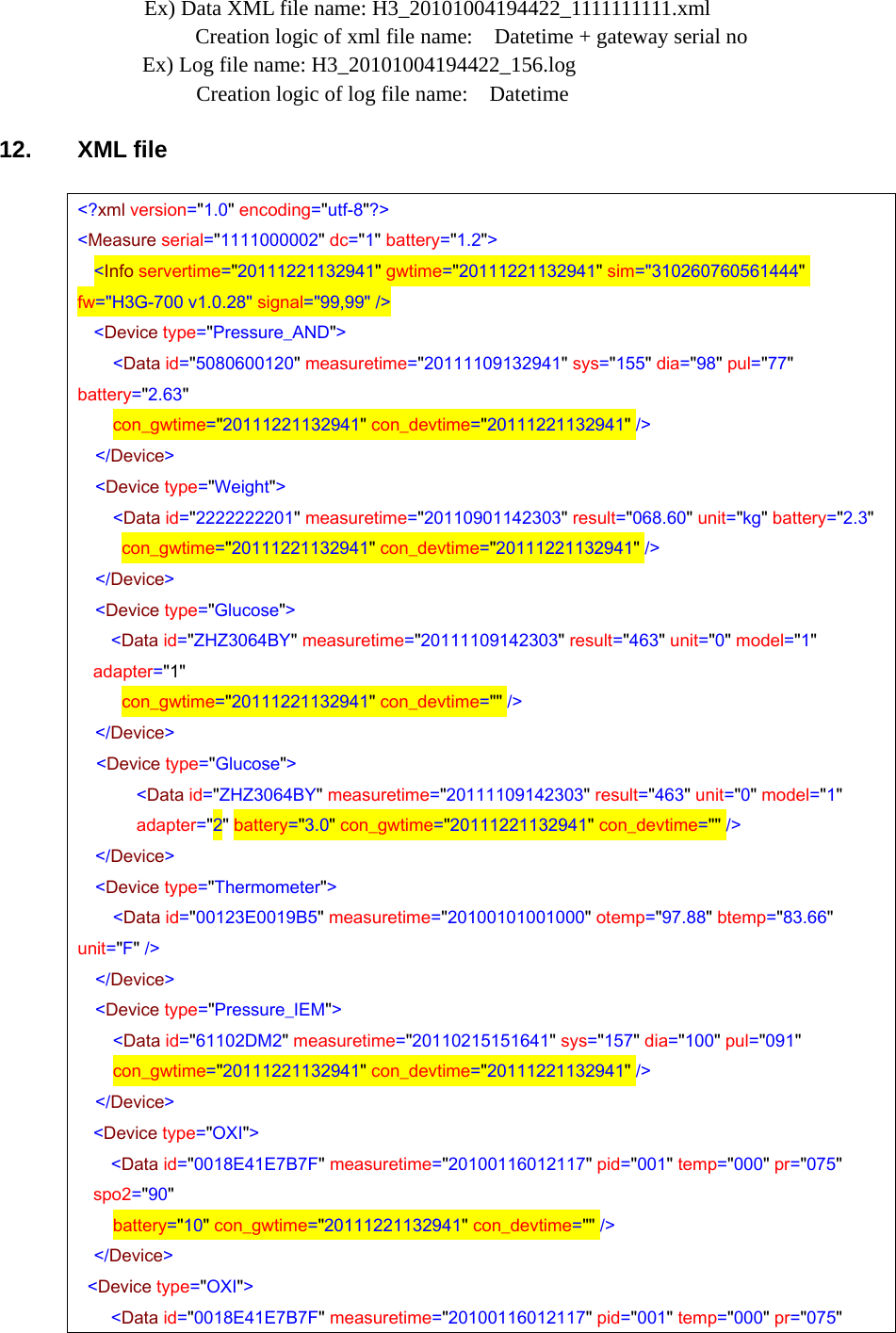 Ex) Data XML file name: H3_20101004194422_1111111111.xml  Creation logic of xml file name:    Datetime + gateway serial no Ex) Log file name: H3_20101004194422_156.log Creation logic of log file name:    Datetime  12. XML file  &lt;?xml version=&quot;1.0&quot; encoding=&quot;utf-8&quot;?&gt; &lt;Measure serial=&quot;1111000002&quot; dc=&quot;1&quot; battery=&quot;1.2&quot;&gt; &lt;Info servertime=&quot;20111221132941&quot; gwtime=&quot;20111221132941&quot; sim=&quot;310260760561444&quot; fw=&quot;H3G-700 v1.0.28&quot; signal=&quot;99,99&quot; /&gt;      &lt;Device type=&quot;Pressure_AND&quot;&gt;     &lt;Data id=&quot;5080600120&quot; measuretime=&quot;20111109132941&quot; sys=&quot;155&quot; dia=&quot;98&quot; pul=&quot;77&quot; battery=&quot;2.63&quot;  con_gwtime=&quot;20111221132941&quot; con_devtime=&quot;20111221132941&quot; /&gt;   &lt;/Device&gt;   &lt;Device type=&quot;Weight&quot;&gt;     &lt;Data id=&quot;2222222201&quot; measuretime=&quot;20110901142303&quot; result=&quot;068.60&quot; unit=&quot;kg&quot; battery=&quot;2.3&quot;  con_gwtime=&quot;20111221132941&quot; con_devtime=&quot;20111221132941&quot; /&gt;   &lt;/Device&gt;   &lt;Device type=&quot;Glucose&quot;&gt;           &lt;Data id=&quot;ZHZ3064BY&quot; measuretime=&quot;20111109142303&quot; result=&quot;463&quot; unit=&quot;0&quot; model=&quot;1&quot; adapter=&quot;1&quot;  con_gwtime=&quot;20111221132941&quot; con_devtime=&quot;&quot; /&gt;   &lt;/Device&gt; &lt;Device type=&quot;Glucose&quot;&gt;       &lt;Data id=&quot;ZHZ3064BY&quot; measuretime=&quot;20111109142303&quot; result=&quot;463&quot; unit=&quot;0&quot; model=&quot;1&quot; adapter=&quot;2&quot; battery=&quot;3.0&quot; con_gwtime=&quot;20111221132941&quot; con_devtime=&quot;&quot; /&gt;               &lt;/Device&gt; &lt;Device type=&quot;Thermometer&quot;&gt;     &lt;Data id=&quot;00123E0019B5&quot; measuretime=&quot;20100101001000&quot; otemp=&quot;97.88&quot; btemp=&quot;83.66&quot; unit=&quot;F&quot; /&gt;   &lt;/Device&gt;   &lt;Device type=&quot;Pressure_IEM&quot;&gt;     &lt;Data id=&quot;61102DM2&quot; measuretime=&quot;20110215151641&quot; sys=&quot;157&quot; dia=&quot;100&quot; pul=&quot;091&quot;  con_gwtime=&quot;20111221132941&quot; con_devtime=&quot;20111221132941&quot; /&gt;   &lt;/Device&gt;   &lt;Device type=&quot;OXI&quot;&gt;               &lt;Data id=&quot;0018E41E7B7F&quot; measuretime=&quot;20100116012117&quot; pid=&quot;001&quot; temp=&quot;000&quot; pr=&quot;075&quot; spo2=&quot;90&quot;  battery=&quot;10&quot; con_gwtime=&quot;20111221132941&quot; con_devtime=&quot;&quot; /&gt;                              &lt;/Device&gt; &lt;Device type=&quot;OXI&quot;&gt;               &lt;Data id=&quot;0018E41E7B7F&quot; measuretime=&quot;20100116012117&quot; pid=&quot;001&quot; temp=&quot;000&quot; pr=&quot;075&quot; 