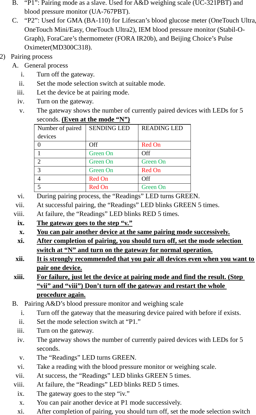 B. “P1”: Pairing mode as a slave. Used for A&amp;D weighing scale (UC-321PBT) and blood pressure monitor (UA-767PBT). C. “P2”: Used for GMA (BA-110) for Lifescan’s blood glucose meter (OneTouch Ultra, OneTouch Mini/Easy, OneTouch Ultra2), IEM blood pressure monitor (Stabil-O-Graph), ForaCare’s thermometer (FORA IR20b), and Beijing Choice’s Pulse Oximeter(MD300C318). 2) Pairing process A. General process i. Turn off the gateway. ii. Set the mode selection switch at suitable mode. iii. Let the device be at pairing mode. iv. Turn on the gateway. v. The gateway shows the number of currently paired devices with LEDs for 5 seconds. (Even at the mode “N”) Number of paired devices SENDING LED  READING LED 0 Off Red On 1  Green On  Off 2  Green On Green On 3  Green On Red On 4  Red On Off 5  Red On Green On vi. During pairing process, the “Readings” LED turns GREEN. vii. At successful pairing, the “Readings” LED blinks GREEN 5 times. viii. At failure, the “Readings” LED blinks RED 5 times. ix. The gateway goes to the step “v.” x. You can pair another device at the same pairing mode successively. xi. After completion of pairing, you should turn off, set the mode selection switch at “N” and turn on the gateway for normal operation. xii. It is strongly recommended that you pair all devices even when you want to pair one device. xiii. For failure, just let the device at pairing mode and find the result. (Step “vii” and “viii”) Don’t turn off the gateway and restart the whole procedure again. B. Pairing A&amp;D’s blood pressure monitor and weighing scale i. Turn off the gateway that the measuring device paired with before if exists. ii. Set the mode selection switch at “P1.” iii. Turn on the gateway. iv. The gateway shows the number of currently paired devices with LEDs for 5 seconds. v. The “Readings” LED turns GREEN. vi. Take a reading with the blood pressure monitor or weighing scale. vii. At success, the “Readings” LED blinks GREEN 5 times. viii. At failure, the “Readings” LED blinks RED 5 times. ix. The gateway goes to the step “iv.” x. You can pair another device at P1 mode successively. xi. After completion of pairing, you should turn off, set the mode selection switch 