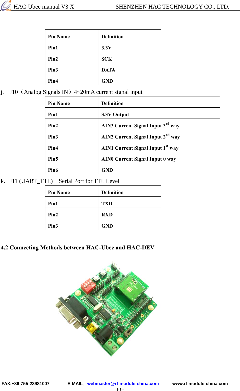  HAC-Ubee manual V3.X              SHENZHEN HAC TECHNOLOGY CO., LTD. FAX:+86-755-23981007        E-MAIL：webmaster@rf-module-china.com      www.rf-module-china.com    - 10 -  Pin Name  Definition Pin1 3.3V Pin2 SCK Pin3 DATA Pin4 GND j. J10（Analog Signals IN）4~20mA current signal input Pin Name  Definition Pin1 3.3V Output Pin2  AIN3 Current Signal Input 3rd way Pin3  AIN2 Current Signal Input 2nd way Pin4  AIN1 Current Signal Input 1st way Pin5  AIN0 Current Signal Input 0 way Pin6 GND k. J11 (UART_TTL)    Serial Port for TTL Level Pin Name  Definition Pin1 TXD Pin2 RXD Pin3 GND  4.2 Connecting Methods between HAC-Ubee and HAC-DEV            