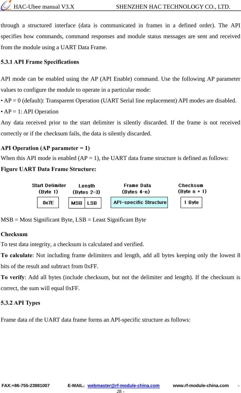  HAC-Ubee manual V3.X              SHENZHEN HAC TECHNOLOGY CO., LTD. FAX:+86-755-23981007        E-MAIL：webmaster@rf-module-china.com      www.rf-module-china.com    - 28 - through a structured interface (data is communicated in frames in a defined order). The API specifies how commands, command responses and module status messages are sent and received from the module using a UART Data Frame.  5.3.1 API Frame Specifications  API mode can be enabled using the AP (API Enable) command. Use the following AP parameter values to configure the module to operate in a particular mode:   • AP = 0 (default): Transparent Operation (UART Serial line replacement) API modes are disabled.   • AP = 1: API Operation   Any data received prior to the start delimiter is silently discarded. If the frame is not received correctly or if the checksum fails, the data is silently discarded.  API Operation (AP parameter = 1)   When this API mode is enabled (AP = 1), the UART data frame structure is defined as follows:   Figure UART Data Frame Structure:       MSB = Most Significant Byte, LSB = Least Significant Byte  Checksum   To test data integrity, a checksum is calculated and verified.   To calculate: Not including frame delimiters and length, add all bytes keeping only the lowest 8 bits of the result and subtract from 0xFF.   To verify: Add all bytes (include checksum, but not the delimiter and length). If the checksum is correct, the sum will equal 0xFF.  5.3.2 API Types  Frame data of the UART data frame forms an API-specific structure as follows:        