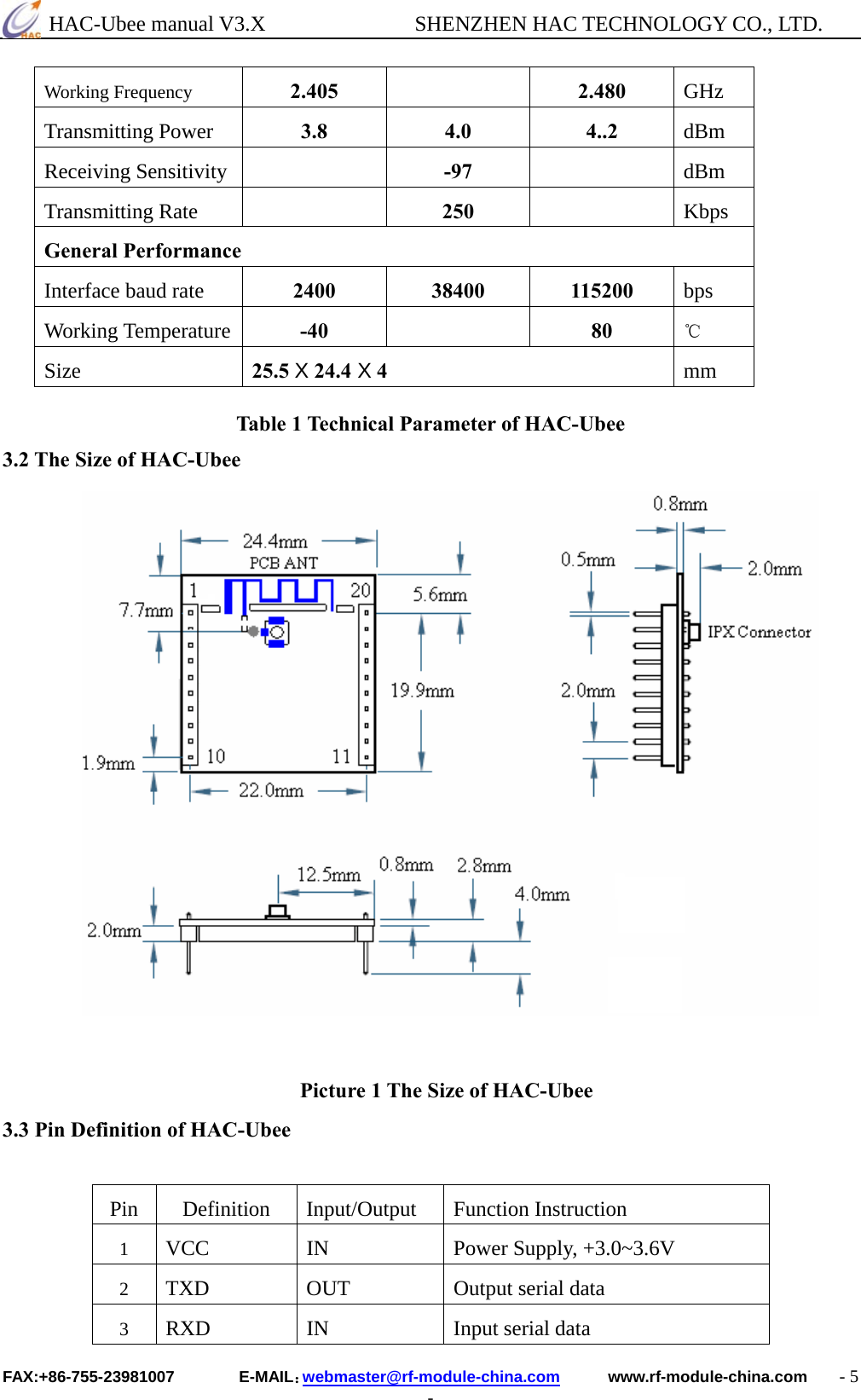  HAC-Ubee manual V3.X              SHENZHEN HAC TECHNOLOGY CO., LTD. FAX:+86-755-23981007        E-MAIL：webmaster@rf-module-china.com      www.rf-module-china.com    - 5 - Working Frequency  2.405  2.480 GHz Transmitting Power  3.8 4.0 4..2 dBm Receiving Sensitivity  -97  dBm Transmitting Rate   250  Kbps General Performance Interface baud rate  2400 38400 115200 bps Working Temperature  -40   80 ℃ Size  25.5 X 24.4 X 4  mm   Table 1 Technical Parameter of HAC-Ubee 3.2 The Size of HAC-Ubee                  Picture 1 The Size of HAC-Ubee 3.3 Pin Definition of HAC-Ubee  Pin Definition Input/Output Function Instruction 1  VCC  IN  Power Supply, +3.0~3.6V 2  TXD  OUT  Output serial data   3  RXD IN  Input serial data 