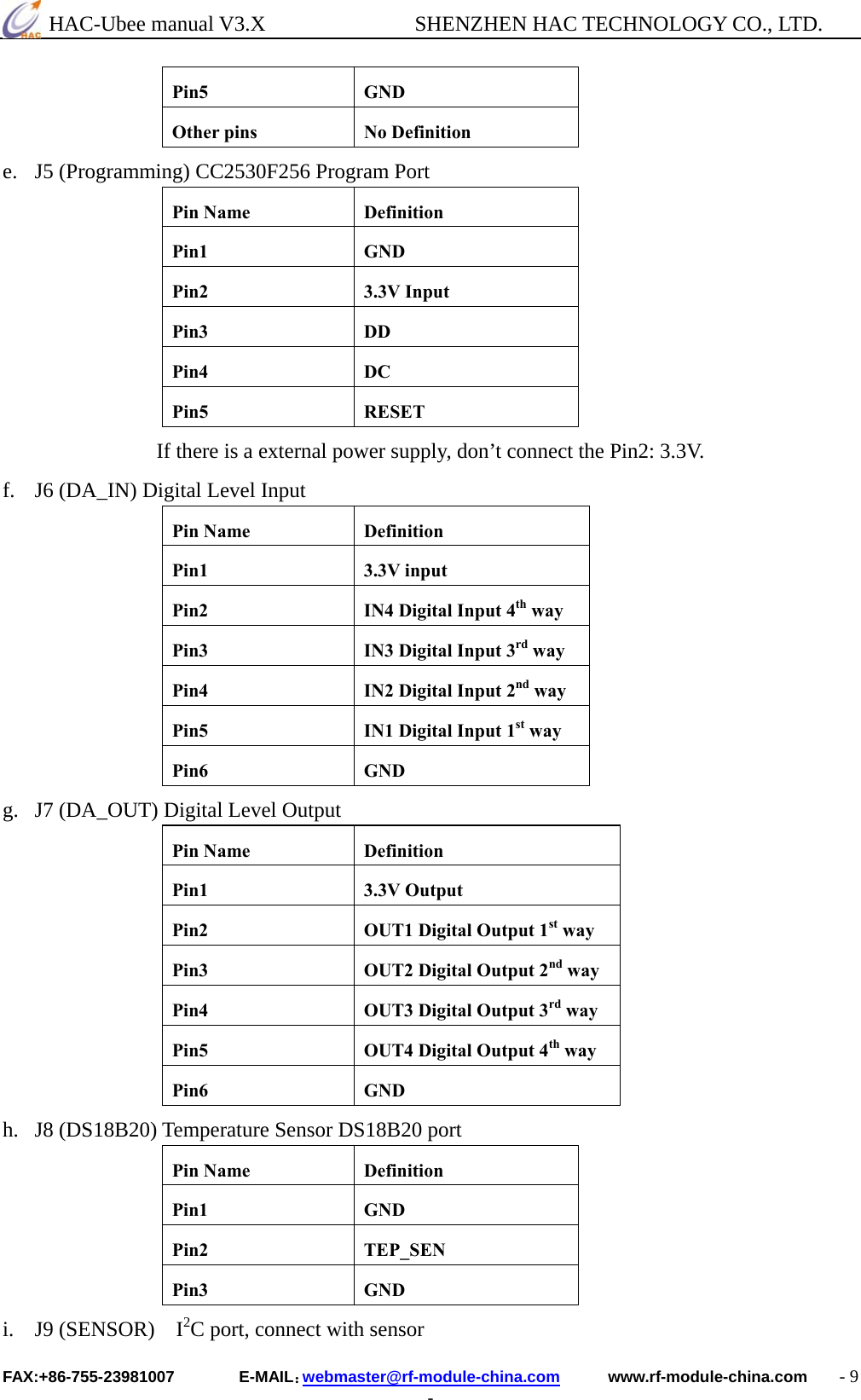  HAC-Ubee manual V3.X              SHENZHEN HAC TECHNOLOGY CO., LTD. FAX:+86-755-23981007        E-MAIL：webmaster@rf-module-china.com      www.rf-module-china.com    - 9 - Pin5 GND Other pins  No Definition e. J5 (Programming) CC2530F256 Program Port Pin Name  Definition Pin1 GND Pin2 3.3V Input Pin3 DD Pin4 DC Pin5 RESET If there is a external power supply, don’t connect the Pin2: 3.3V. f. J6 (DA_IN) Digital Level Input Pin Name  Definition Pin1 3.3V input  Pin2  IN4 Digital Input 4th way Pin3  IN3 Digital Input 3rd way Pin4  IN2 Digital Input 2nd way Pin5  IN1 Digital Input 1st way Pin6 GND g. J7 (DA_OUT) Digital Level Output Pin Name  Definition Pin1 3.3V Output Pin2  OUT1 Digital Output 1st way Pin3  OUT2 Digital Output 2nd way Pin4  OUT3 Digital Output 3rd way Pin5  OUT4 Digital Output 4th way Pin6 GND h. J8 (DS18B20) Temperature Sensor DS18B20 port Pin Name  Definition Pin1 GND Pin2 TEP_SEN  Pin3 GND i. J9 (SENSOR)  I2C port, connect with sensor 