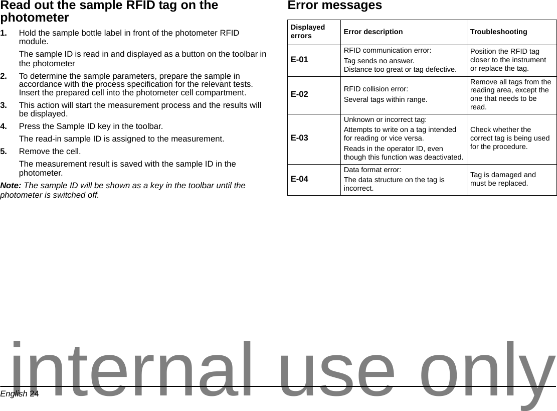 English 24Read out the sample RFID tag on the photometer1. Hold the sample bottle label in front of the photometer RFID module. The sample ID is read in and displayed as a button on the toolbar in the photometer2. To determine the sample parameters, prepare the sample in accordance with the process specification for the relevant tests. Insert the prepared cell into the photometer cell compartment.3. This action will start the measurement process and the results will be displayed.4. Press the Sample ID key in the toolbar.The read-in sample ID is assigned to the measurement.5. Remove the cell. The measurement result is saved with the sample ID in the photometer.Note: The sample ID will be shown as a key in the toolbar until the photometer is switched off.Error messagesDisplayed errors Error description TroubleshootingE-01 RFID communication error:Tag sends no answer. Distance too great or tag defective.Position the RFID tag closer to the instrument or replace the tag.E-02 RFID collision error:Several tags within range.Remove all tags from the reading area, except the one that needs to be read.E-03Unknown or incorrect tag:Attempts to write on a tag intended for reading or vice versa. Reads in the operator ID, even though this function was deactivated.Check whether the correct tag is being used for the procedure.E-04 Data format error:The data structure on the tag is incorrect.Tag is damaged and must be replaced.internal use only