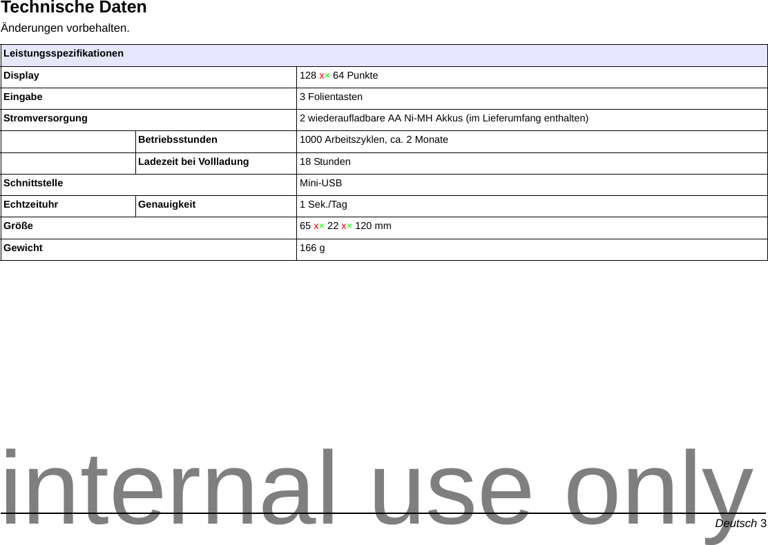 Deutsch 3DeutschTechnische DatenÄnderungen vorbehalten. LeistungsspezifikationenDisplay 128 x×64 PunkteEingabe 3 FolientastenStromversorgung 2 wiederaufladbare AA Ni-MH Akkus (im Lieferumfang enthalten)Betriebsstunden 1000 Arbeitszyklen, ca. 2 MonateLadezeit bei Vollladung 18 StundenSchnittstelle Mini-USBEchtzeituhr Genauigkeit 1 Sek./TagGröße 65 x×22 x×120 mmGewicht 166 ginternal use only