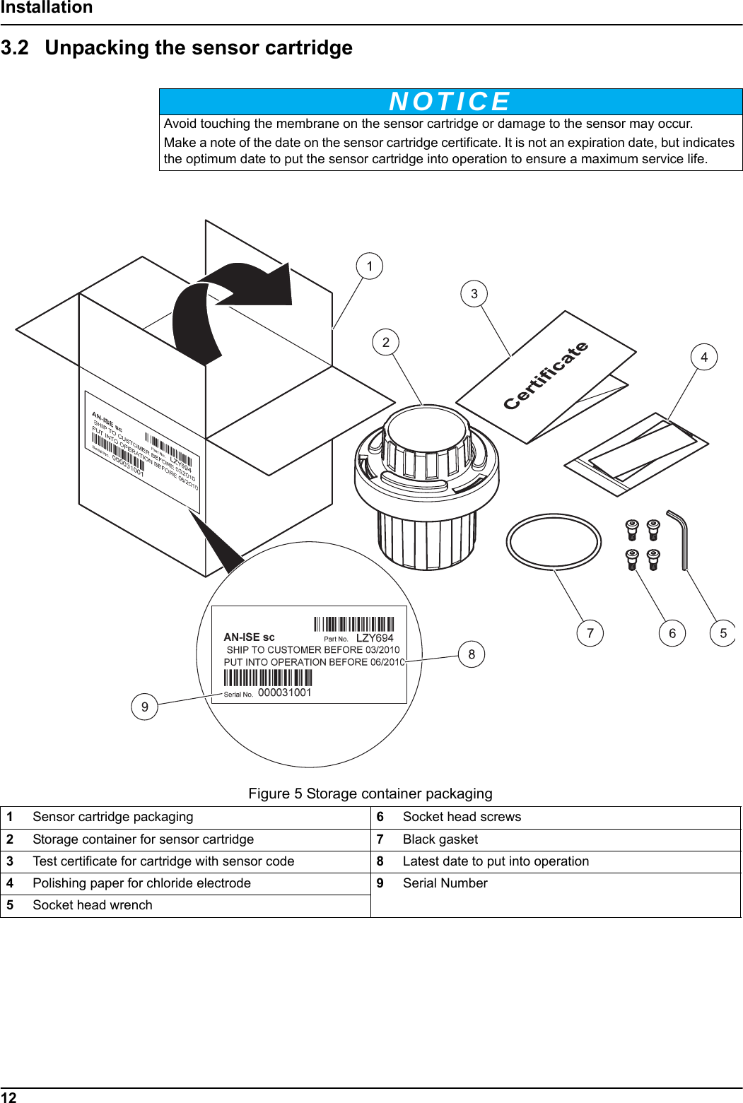 NOTICEFigure 5 Storage container packaging12Installation3.2 Unpacking the sensor cartridge Avoid touching the membrane on the sensor cartridge or damage to the sensor may occur.Make a note of the date on the sensor cartridge certificate. It is not an expiration date, but indicates the optimum date to put the sensor cartridge into operation to ensure a maximum service life.1Sensor cartridge packaging 6Socket head screws2Storage container for sensor cartridge 7Black gasket3Test certificate for cartridge with sensor code 8Latest date to put into operation4Polishing paper for chloride electrode 9Serial Number5Socket head wrench