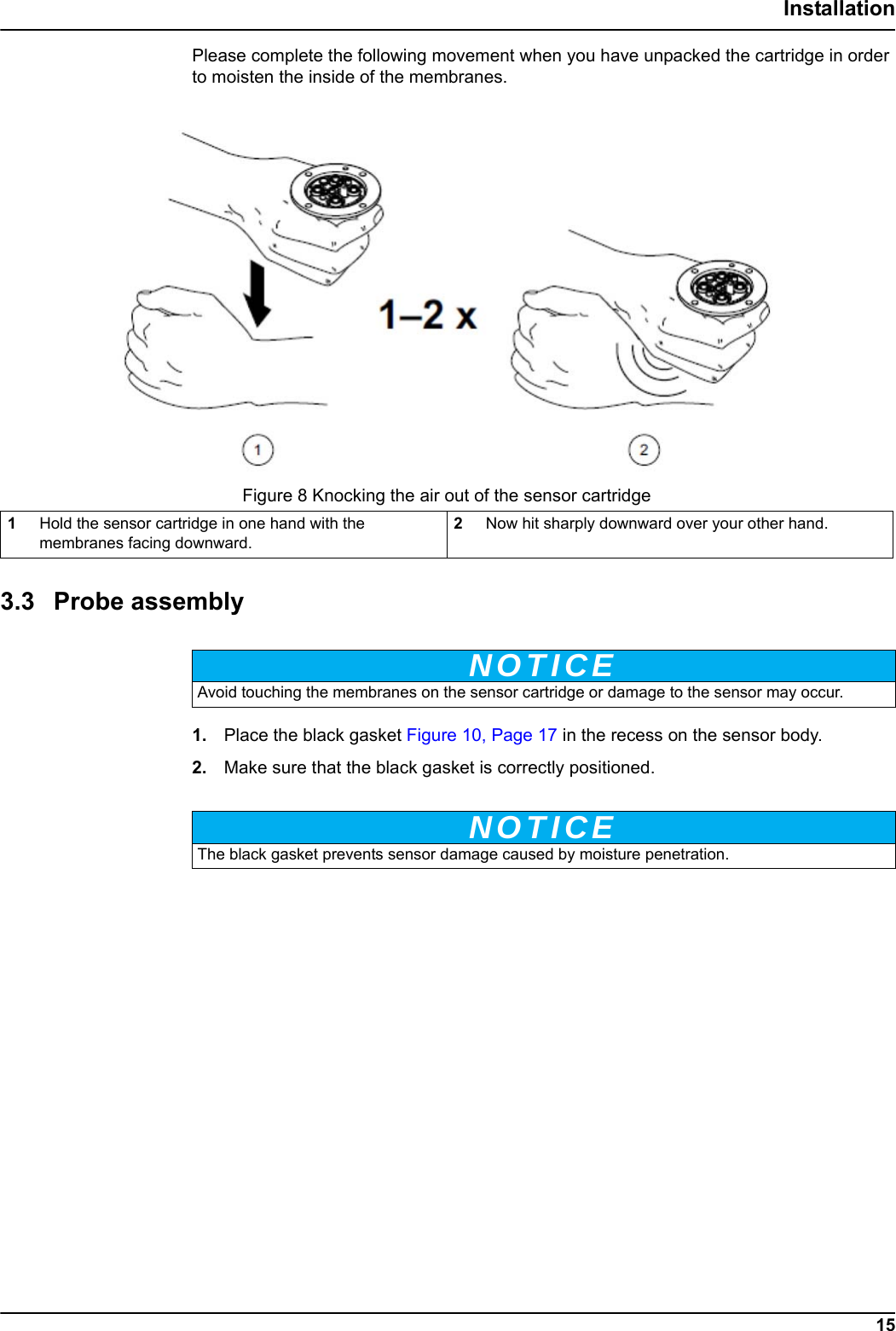 NOTICENOTICE15InstallationPlease complete the following movement when you have unpacked the cartridge in order to moisten the inside of the membranes.3.3 Probe assembly1. Place the black gasket Figure 10, Page 17 in the recess on the sensor body.2. Make sure that the black gasket is correctly positioned.  Figure 8 Knocking the air out of the sensor cartridge1Hold the sensor cartridge in one hand with the membranes facing downward.2Now hit sharply downward over your other hand.Avoid touching the membranes on the sensor cartridge or damage to the sensor may occur.The black gasket prevents sensor damage caused by moisture penetration.