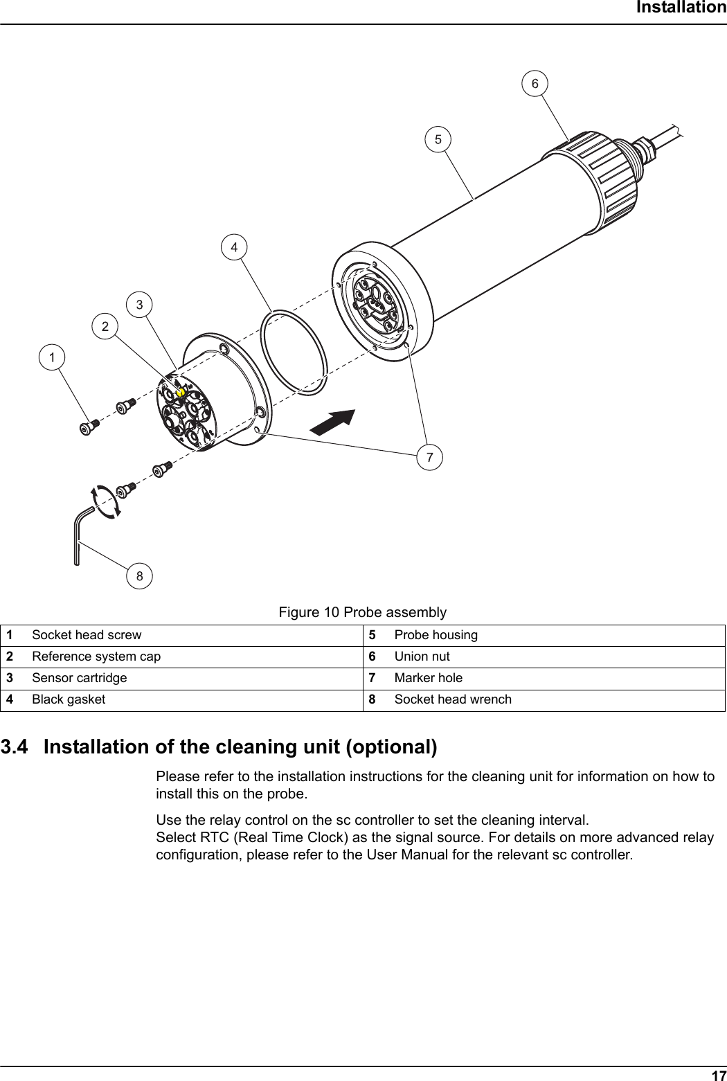 Figure 10 Probe assembly17Installation3.4 Installation of the cleaning unit (optional)Please refer to the installation instructions for the cleaning unit for information on how to install this on the probe.Use the relay control on the sc controller to set the cleaning interval. Select RTC (Real Time Clock) as the signal source. For details on more advanced relay configuration, please refer to the User Manual for the relevant sc controller.1Socket head screw 5Probe housing2Reference system cap 6Union nut3Sensor cartridge 7Marker hole4Black gasket 8Socket head wrench 