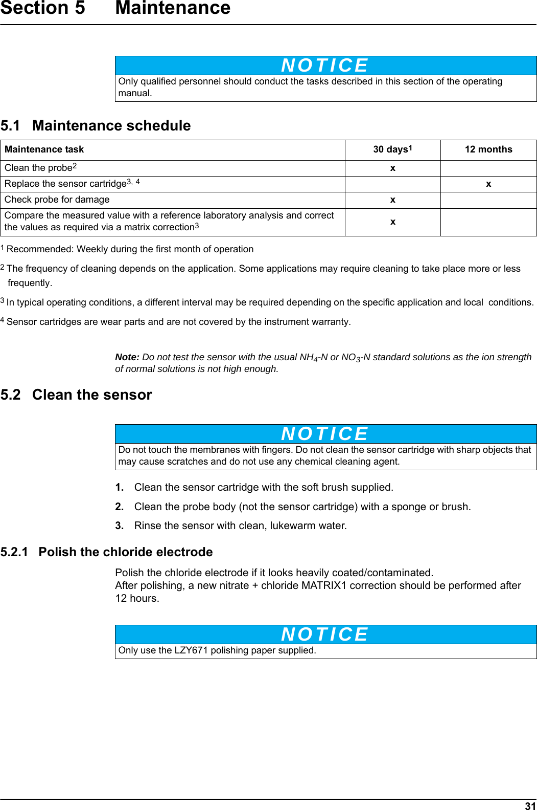 NOTICEMaintenance task 30 days112 monthsNOTICENOTICE31Section 5 MaintenanceNote: Do not test the sensor with the usual NH4-N or NO3-N standard solutions as the ion strength of normal solutions is not high enough.  5.2 Clean the sensor1. Clean the sensor cartridge with the soft brush supplied. 2. Clean the probe body (not the sensor cartridge) with a sponge or brush.3. Rinse the sensor with clean, lukewarm water.5.2.1 Polish the chloride electrodePolish the chloride electrode if it looks heavily coated/contaminated. After polishing, a new nitrate + chloride MATRIX1 correction should be performed after 12 hours.Only qualified personnel should conduct the tasks described in this section of the operating manual.5.1 Maintenance scheduleClean the probe2 xReplace the sensor cartridge3, 4xCheck probe for damage xCompare the measured value with a reference laboratory analysis and correct the values as required via a matrix correction3 x1 Recommended: Weekly during the first month of operation2 The frequency of cleaning depends on the application. Some applications may require cleaning to take place more or less frequently. 3 In typical operating conditions, a different interval may be required depending on the specific application and local  conditions. 4 Sensor cartridges are wear parts and are not covered by the instrument warranty. Do not touch the membranes with fingers. Do not clean the sensor cartridge with sharp objects that may cause scratches and do not use any chemical cleaning agent.Only use the LZY671 polishing paper supplied. 