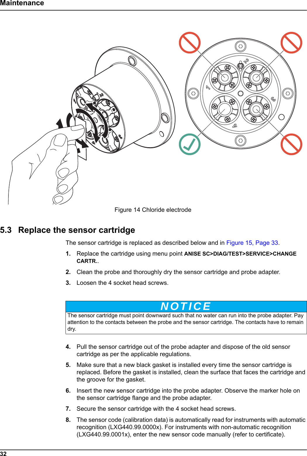 Figure 14 Chloride electrodeNOTICE32Maintenance5.3 Replace the sensor cartridgeThe sensor cartridge is replaced as described below and in Figure 15, Page 33.1. Replace the cartridge using menu point ANISE SC>DIAG/TEST>SERVICE>CHANGE CARTR..2. Clean the probe and thoroughly dry the sensor cartridge and probe adapter.3. Loosen the 4 socket head screws..4. Pull the sensor cartridge out of the probe adapter and dispose of the old sensor cartridge as per the applicable regulations.5. Make sure that a new black gasket is installed every time the sensor cartridge is replaced. Before the gasket is installed, clean the surface that faces the cartridge and the groove for the gasket.6. Insert the new sensor cartridge into the probe adapter. Observe the marker hole on the sensor cartridge flange and the probe adapter.7. Secure the sensor cartridge with the 4 socket head screws. 8. The sensor code (calibration data) is automatically read for instruments with automatic recognition (LXG440.99.0000x). For instruments with non-automatic recognition (LXG440.99.0001x), enter the new sensor code manually (refer to certificate). The sensor cartridge must point downward such that no water can run into the probe adapter. Pay attention to the contacts between the probe and the sensor cartridge. The contacts have to remain dry.